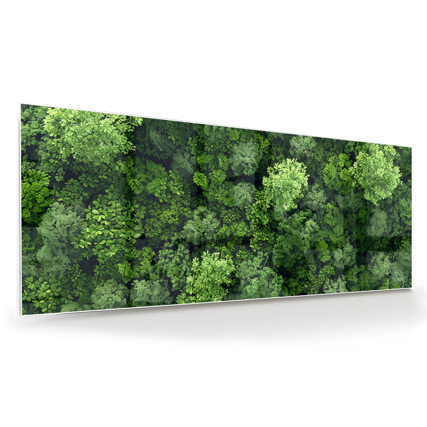 Luchtfoto van een weelderig groen bos op een muur in een moderne kamer.