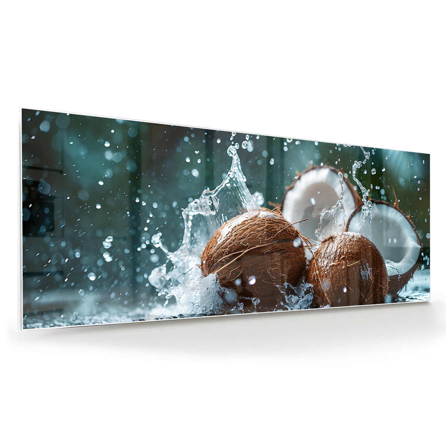 Glas schilderij van kokosnoten met spetters water, perfect voor wanddecoratie.
