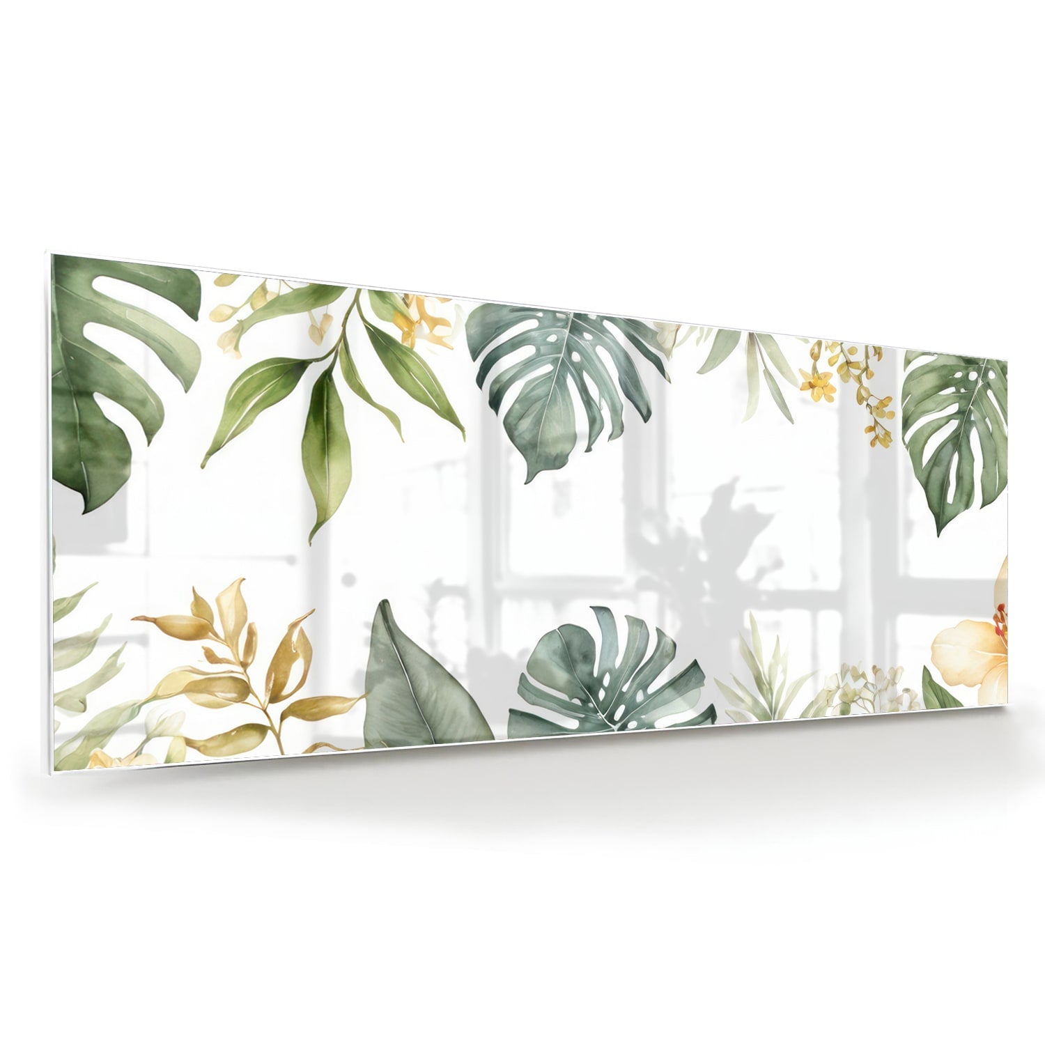 Glazen schilderij met tropische bladeren en botanische elementen aan een witte muur.