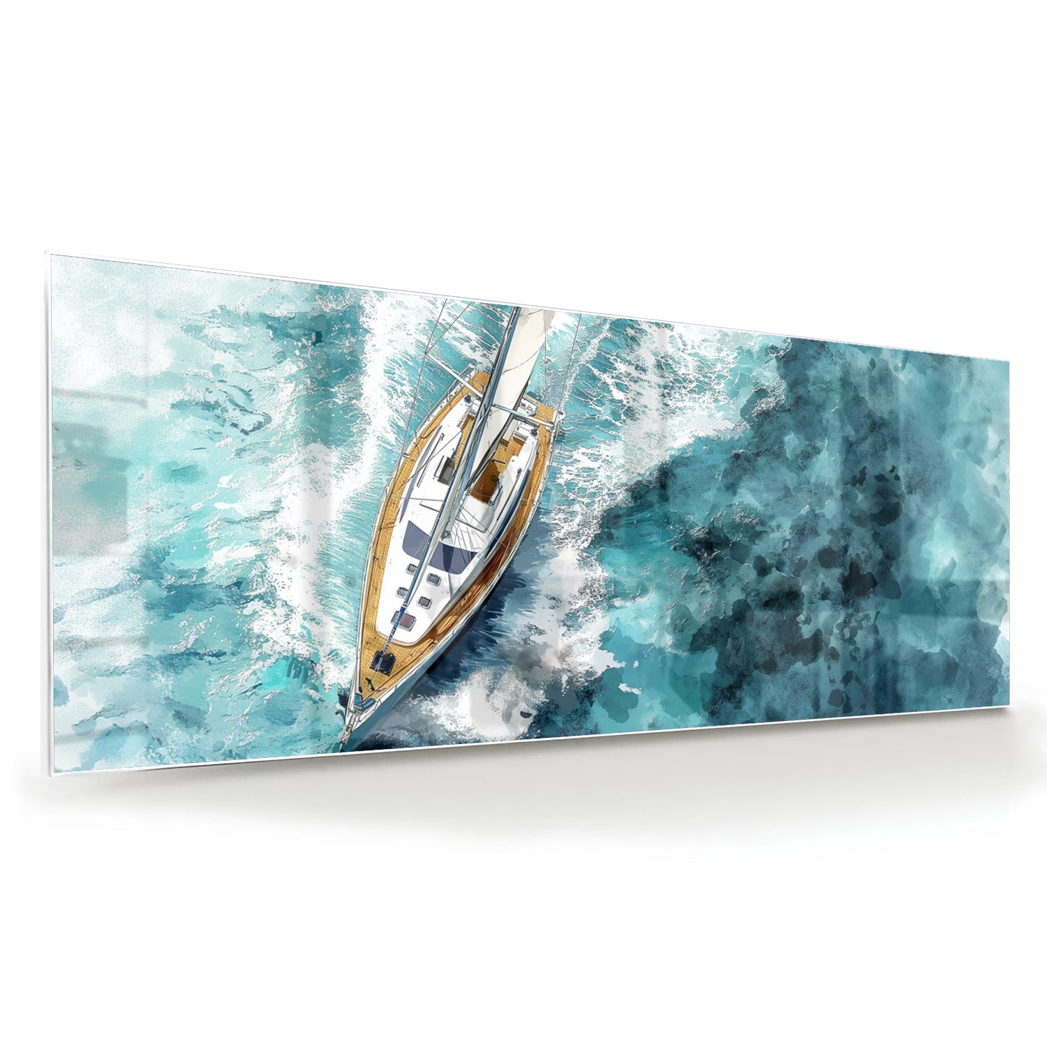 Glazen schilderij van een jacht die over een turquoise zee vaart.
