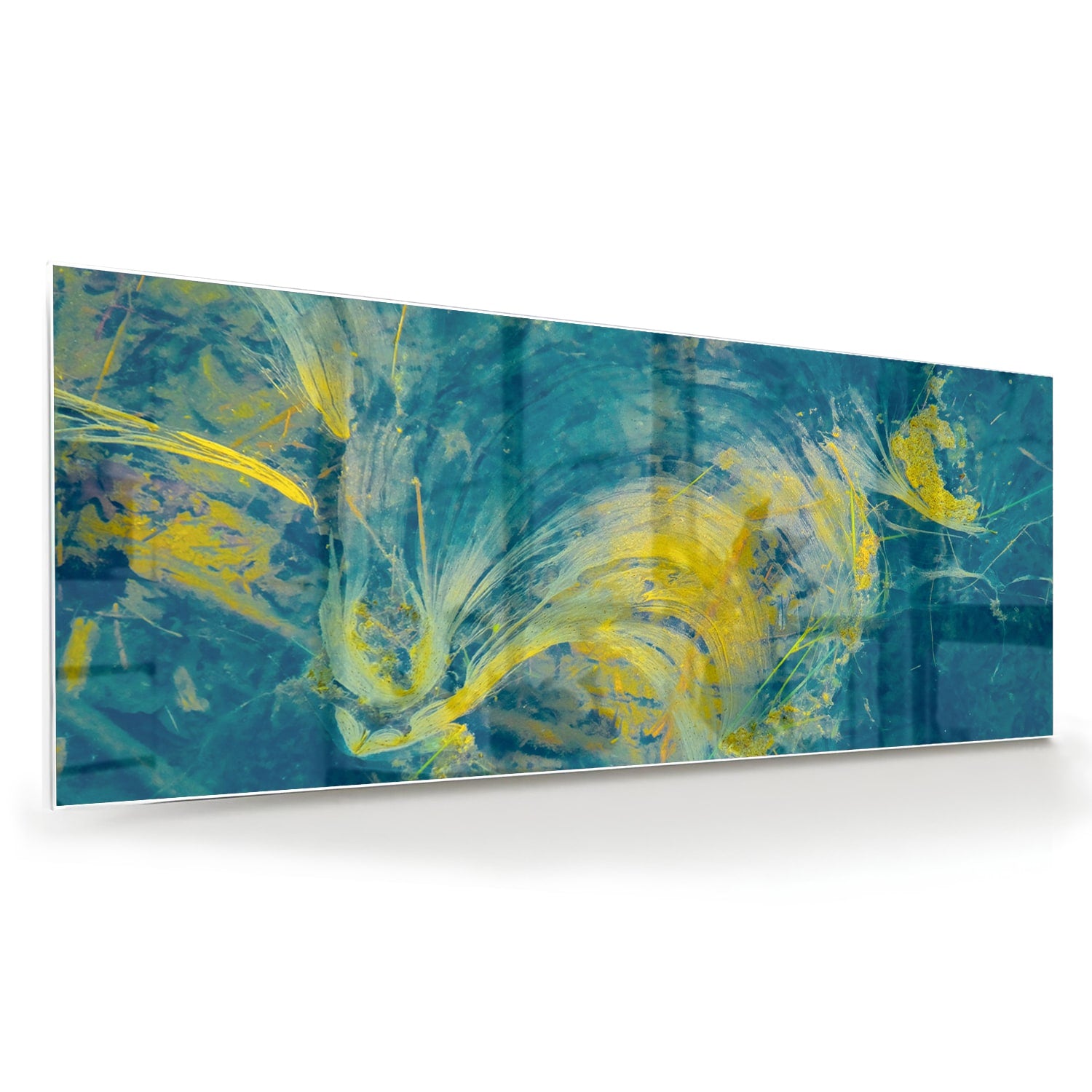 Abstract glazen schilderij met blauw en geel dat aan de muur hangt