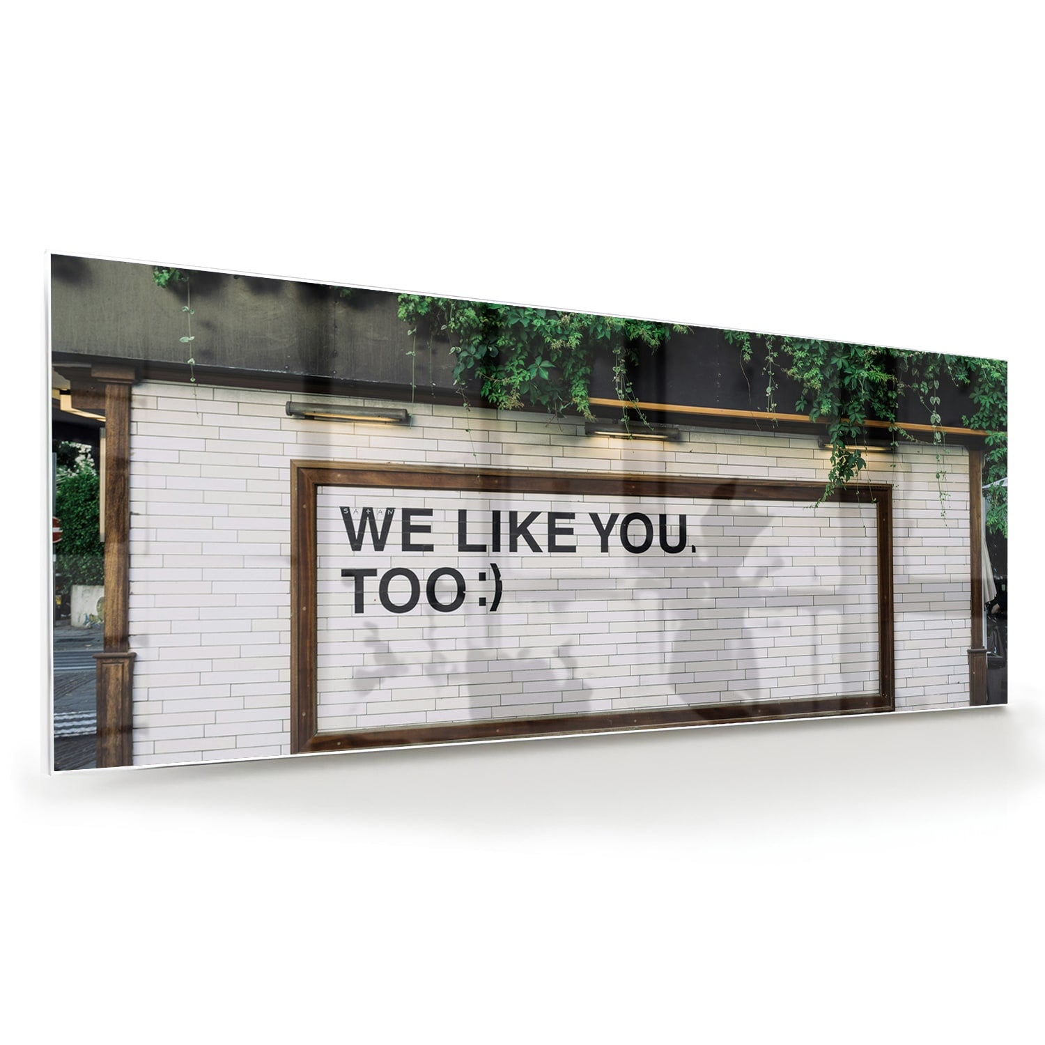 Glas schilderij met de tekst 'We Like You Too' en groene planten achtergronden.