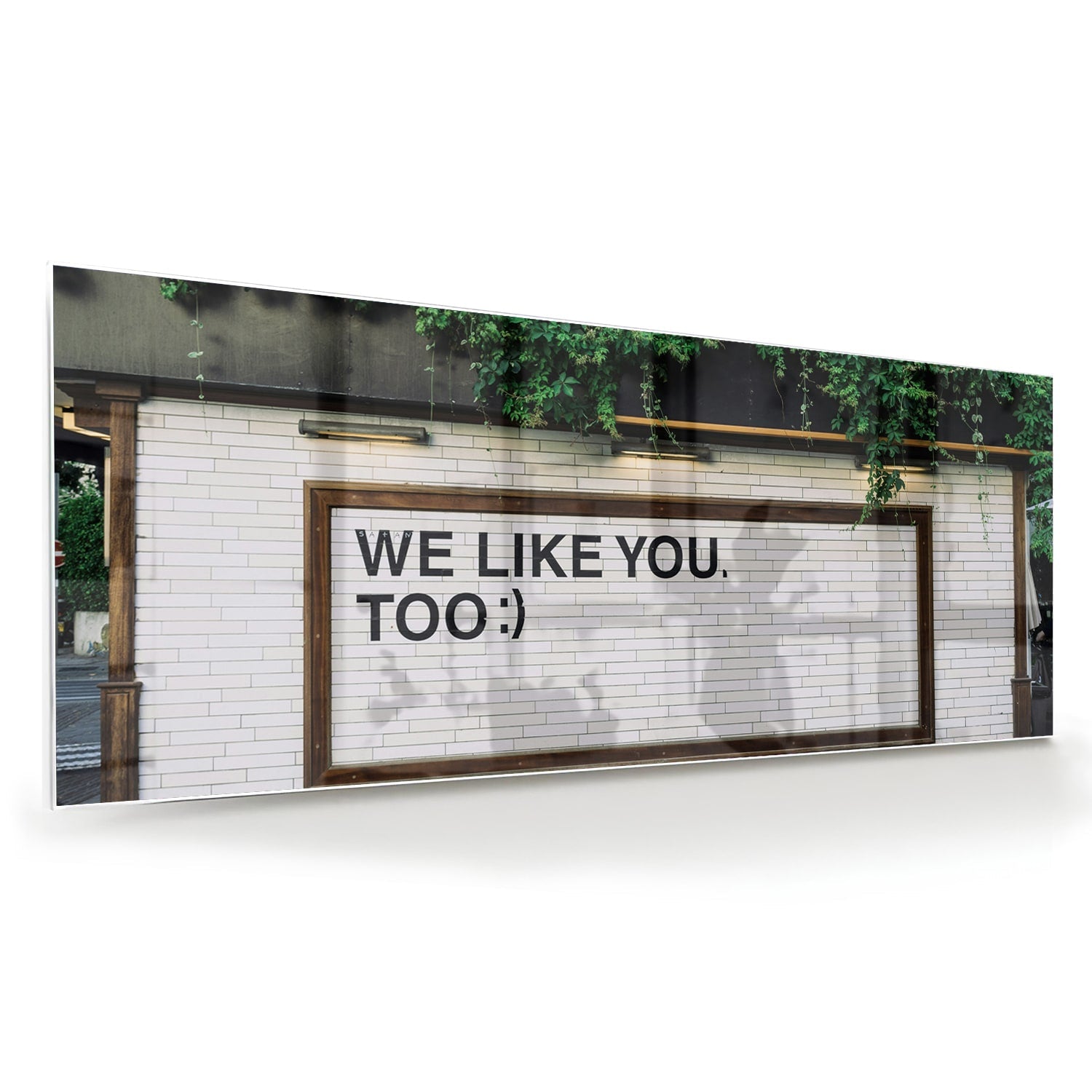 Glas schilderij met de tekst 'We Like You Too' en groene planten achtergronden.