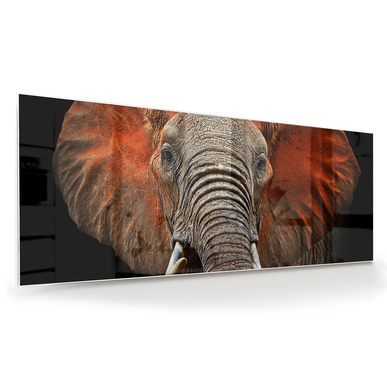 Glazen schilderij van een olifant met kleurrijke oren, prachtig voor aan de muur.