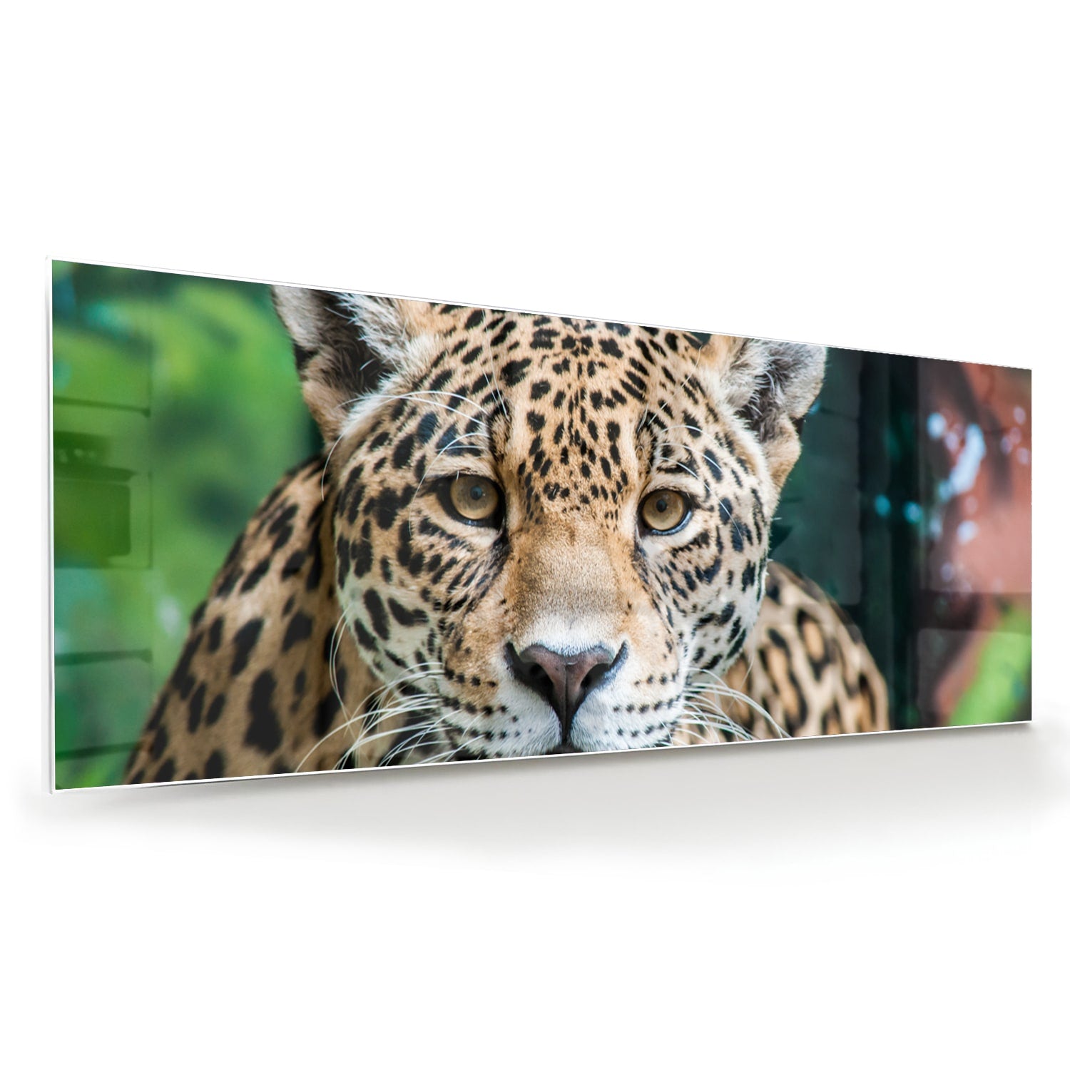 Glazen schilderij van een jaguar dat aan de muur hangt in een moderne woonkamer.