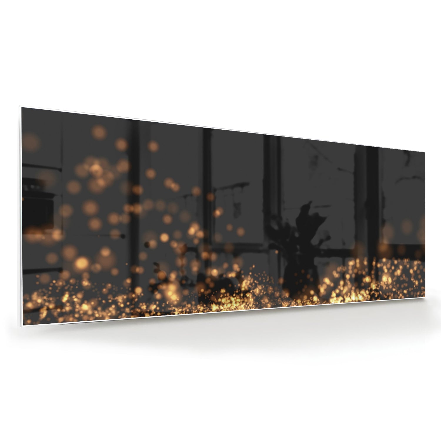 Glazen schilderij met gouden lichtpuntjes op een zwart vlak, ideaal voor moderne interieurs.