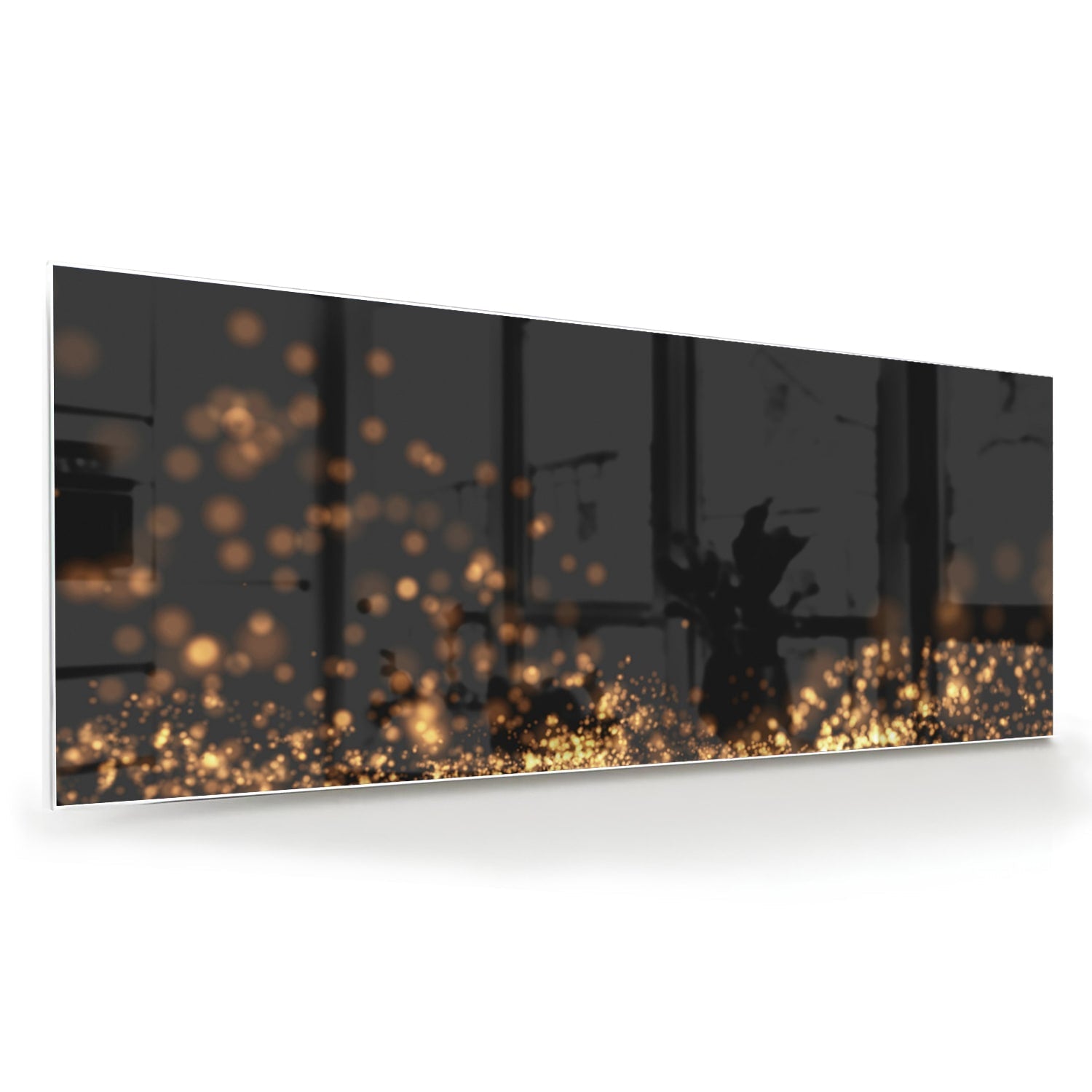 Glazen schilderij met gouden lichtpuntjes op een zwart vlak, ideaal voor moderne interieurs.