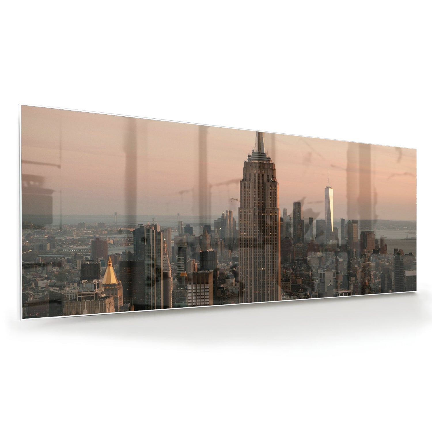 Glazen schilderij van de Empire State Building met een mooie zonsondergang