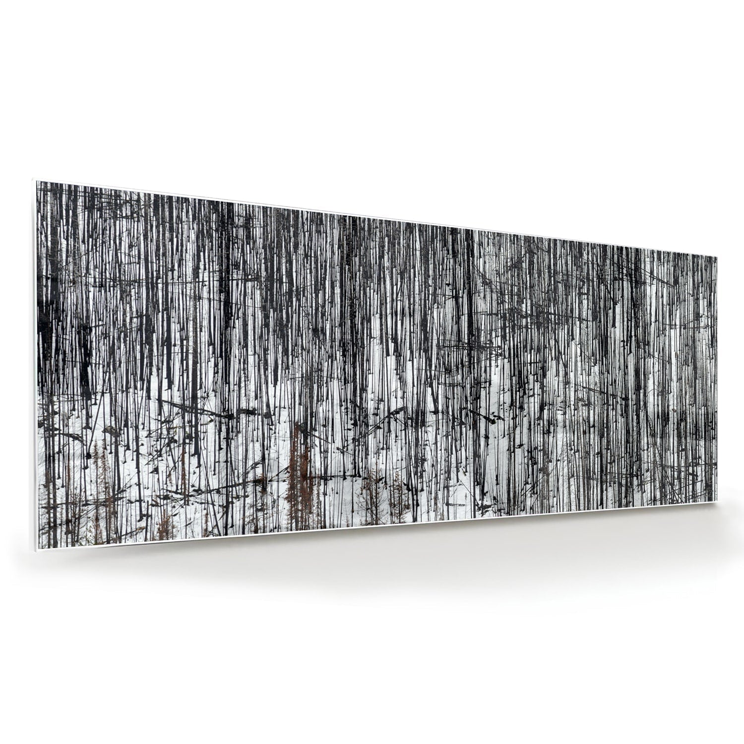 Minimalistisch glazen schilderij met een boslandschap, perfect voor moderne interieurs.