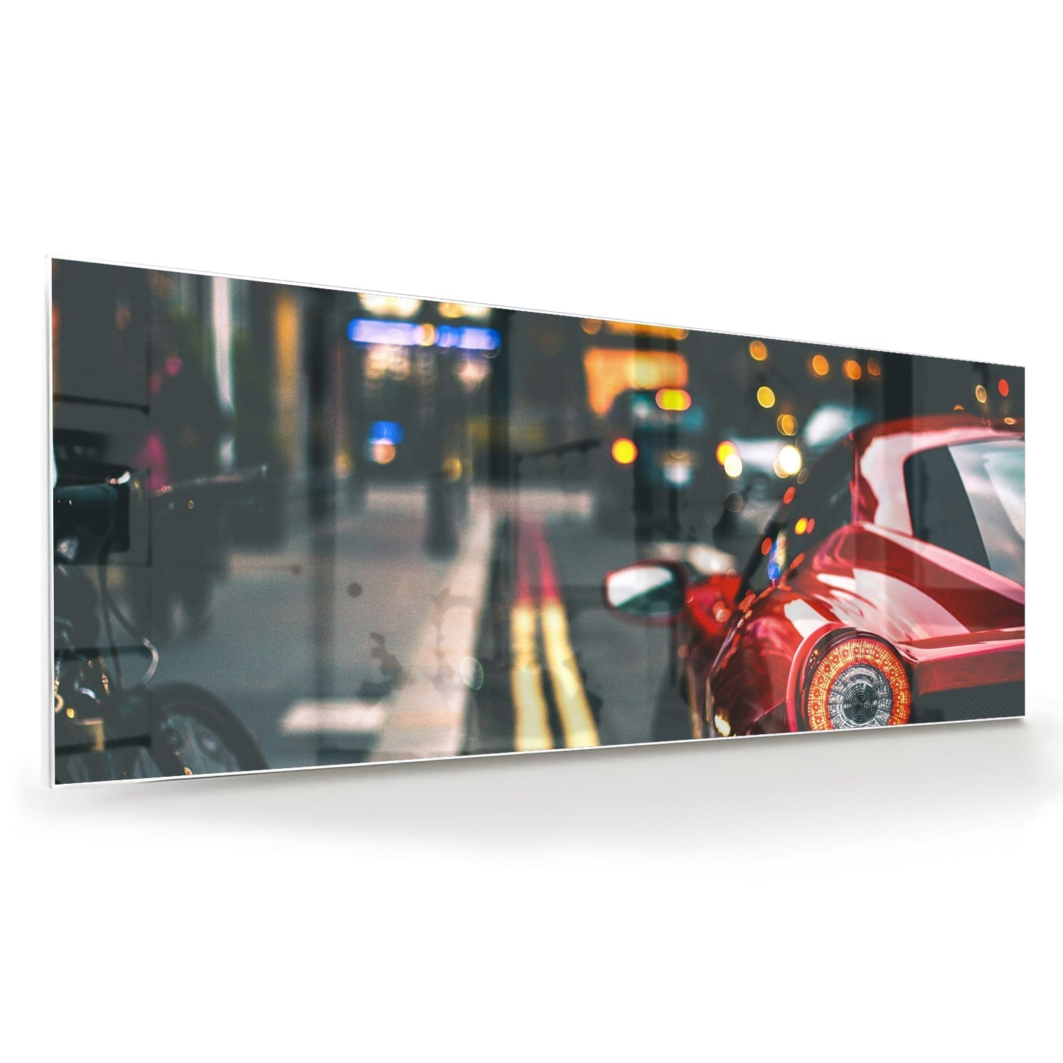 Glazen schilderij van een rode auto in een stedelijke omgeving