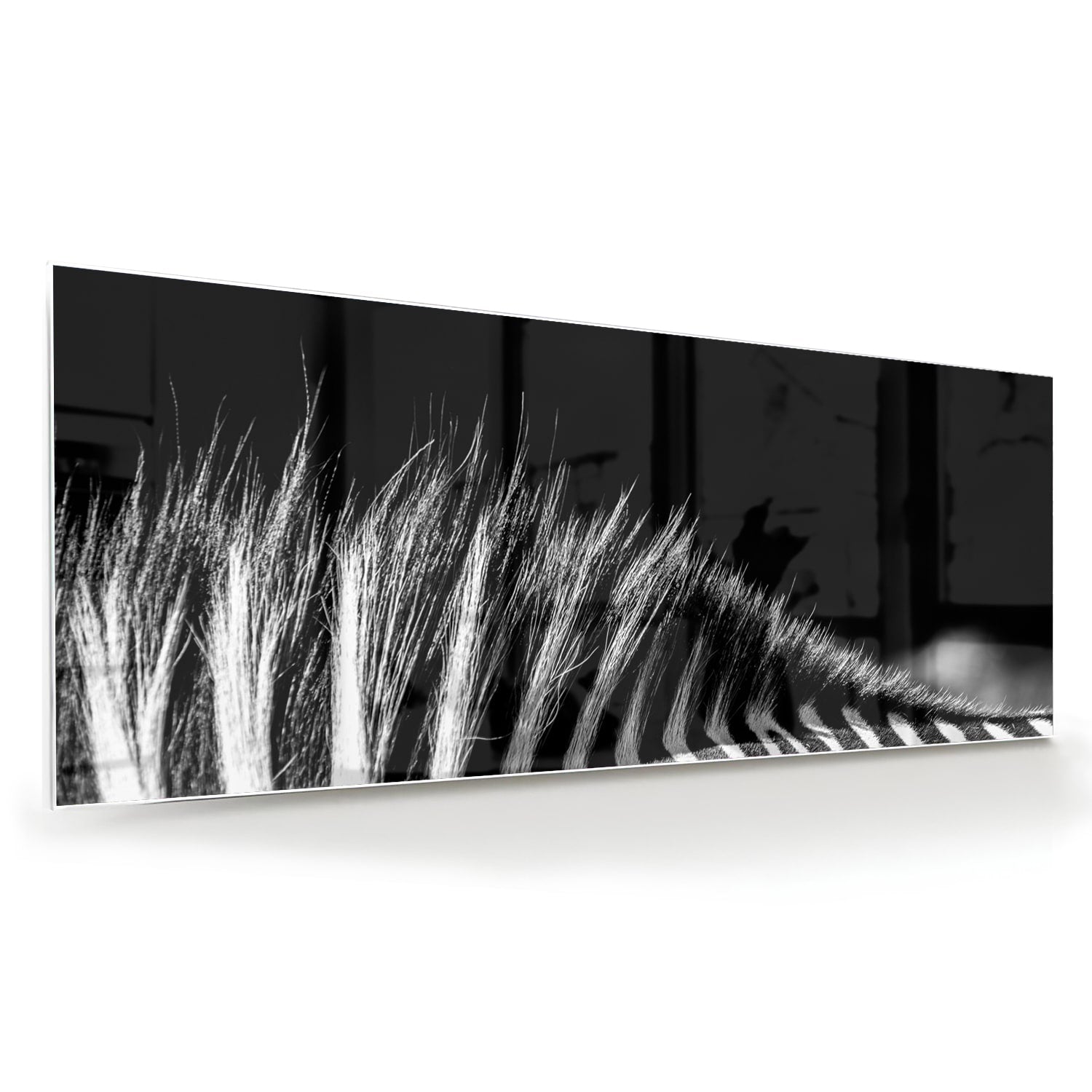 Een modern zwart-wit glazen schilderij met naadloze lijnen aan de muur.