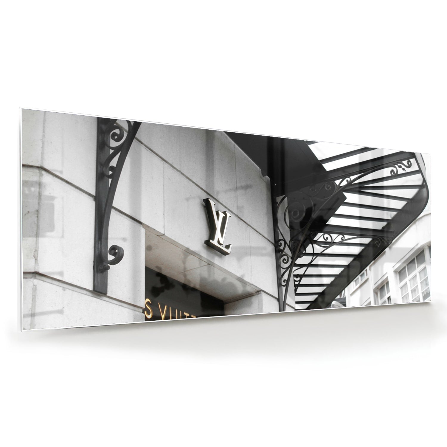 Glazen schilderij van luxe boetiek in zwart-wit, perfecte wanddecoratie.