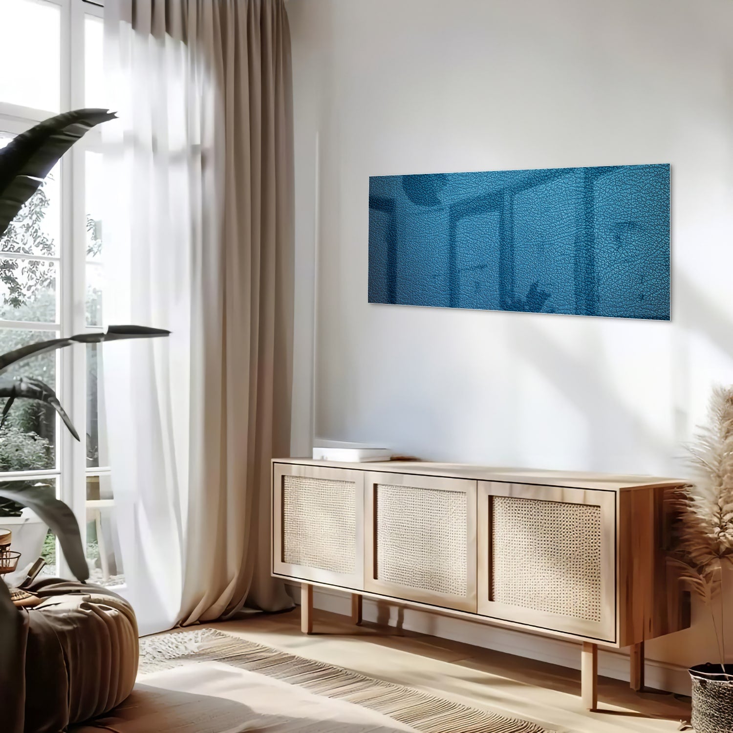 Blauw glazen schilderij met reflecties aan de muur in een moderne woonkamer.