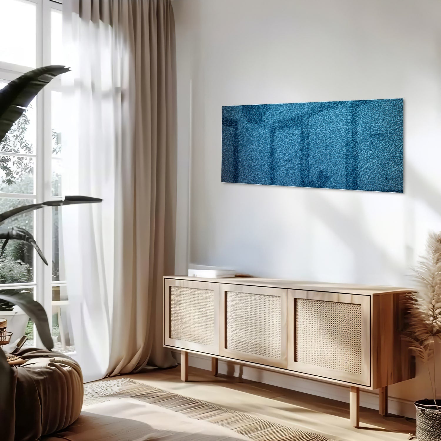 Blauw glazen schilderij met reflecties aan de muur in een moderne woonkamer.
