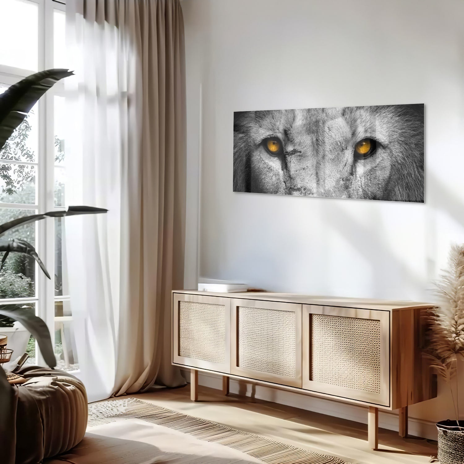 Glazen schilderij van een leeuw met gele ogen, prachtig voor aan de muur.