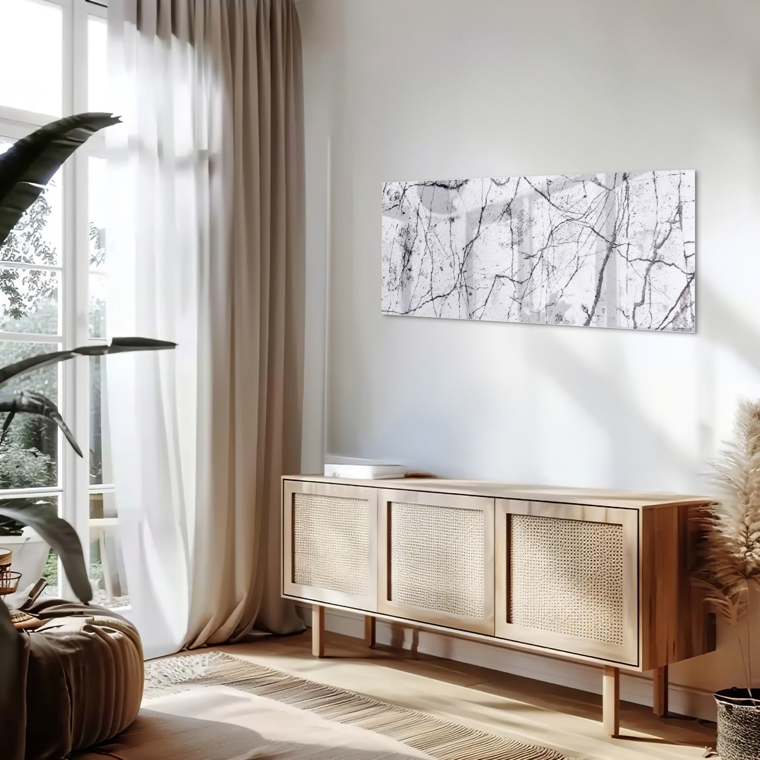 Abstract glazen schilderij met takkenstructuur in zwart-wit