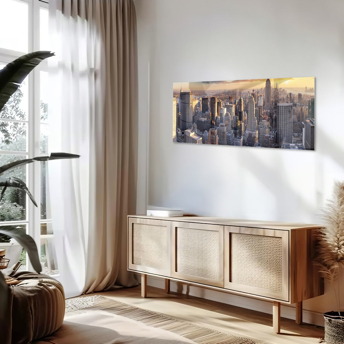 Glazen schilderij van de skyline van New York bij zonsondergang.
