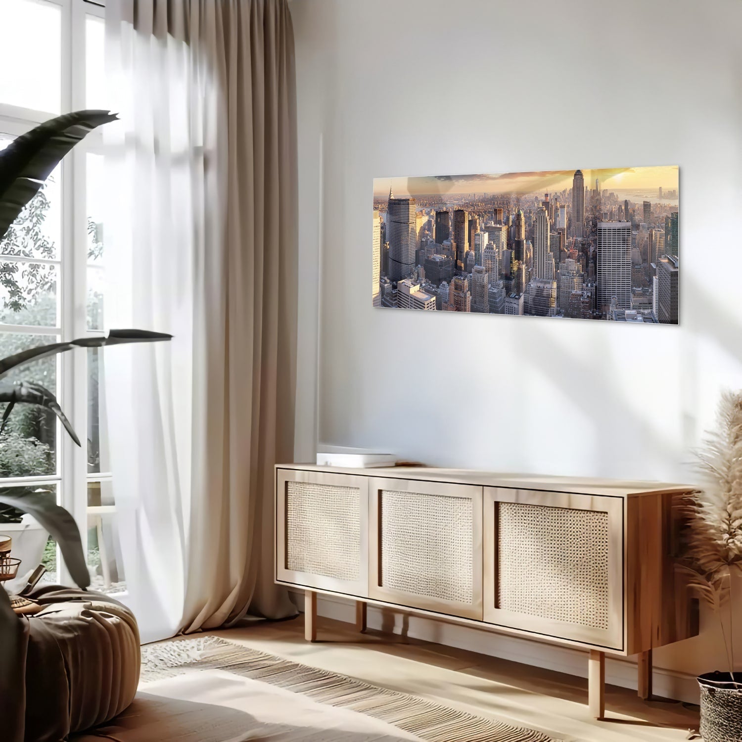 Glazen schilderij van de skyline van New York bij zonsondergang.