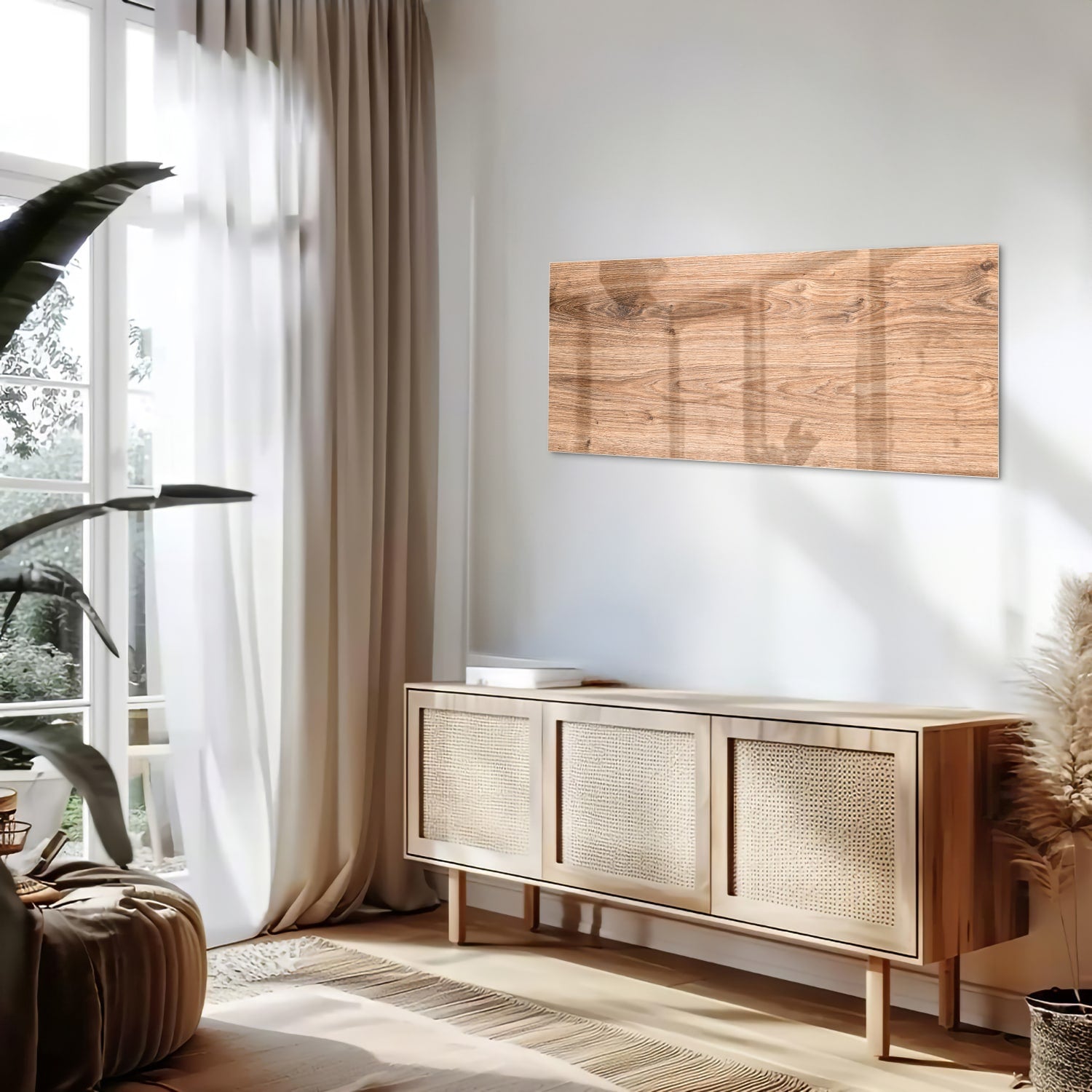 Glazen schilderij met een natuurlijke houtlook boven een moderne kast