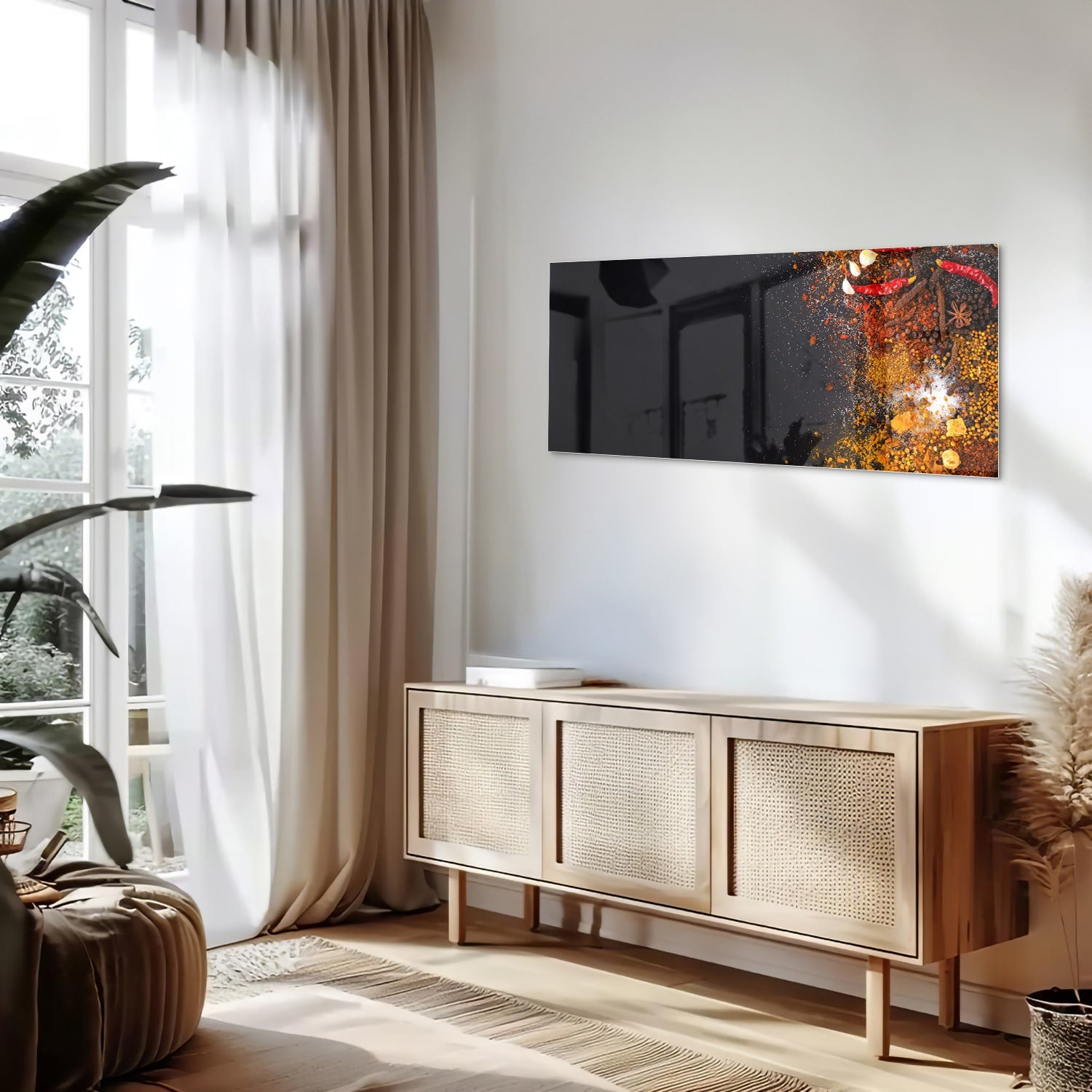 Abstract glazen schilderij met warme kleuren hangt aan de muur