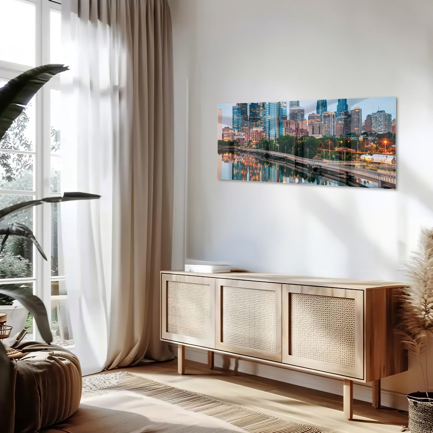 Glazen schilderij met een stadsgezicht en reflecties in het water