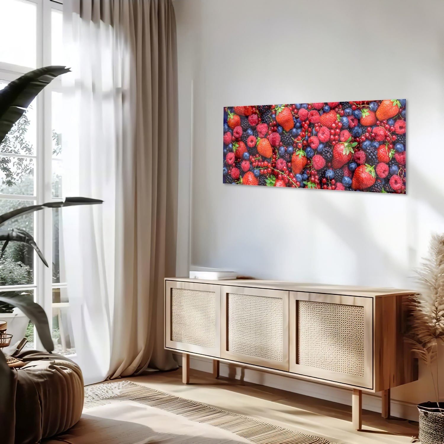 Glazen schilderij met een kleurrijke afbeelding van bessen en fruit