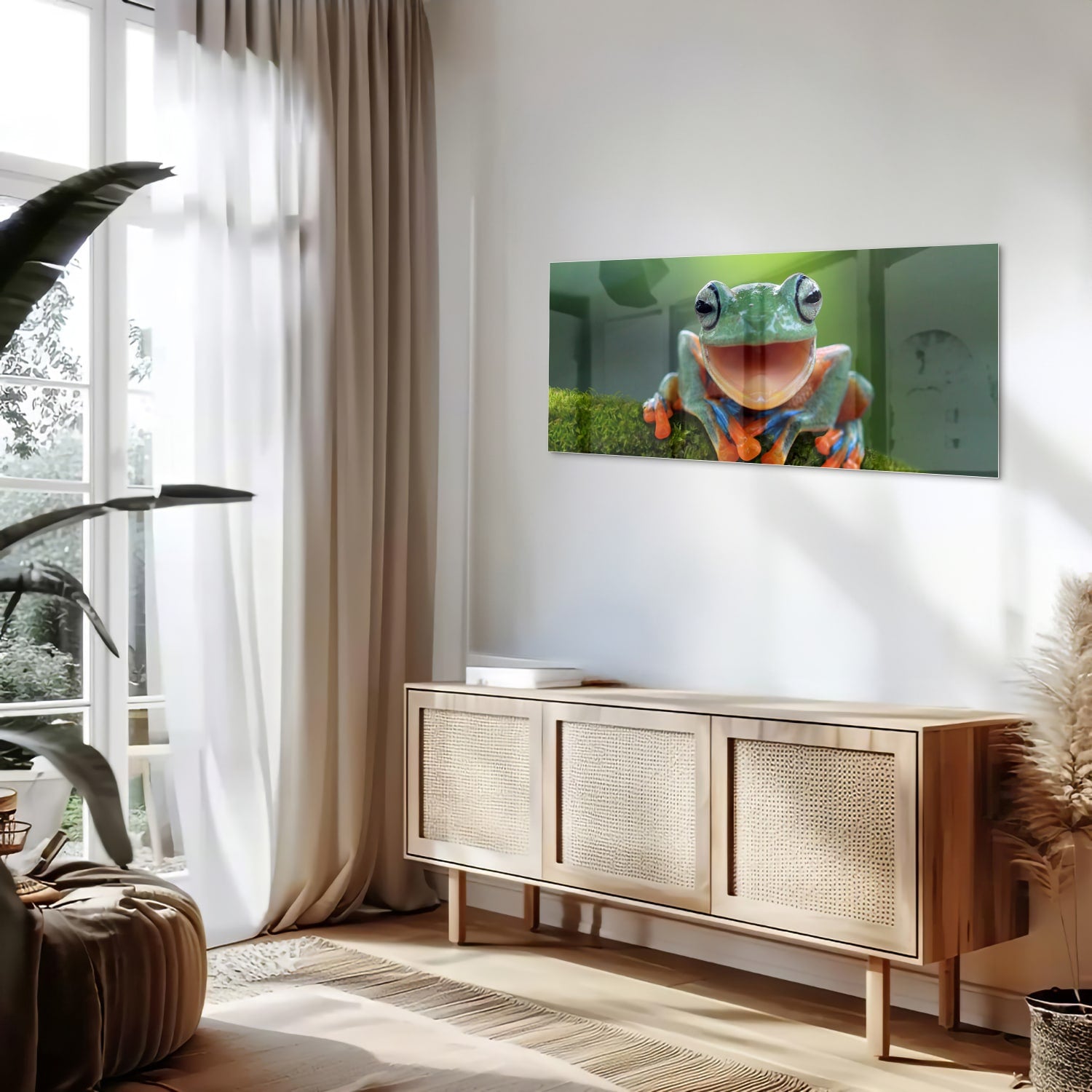Glazen schilderij van een vrolijke boomkikker op een groene achtergrond