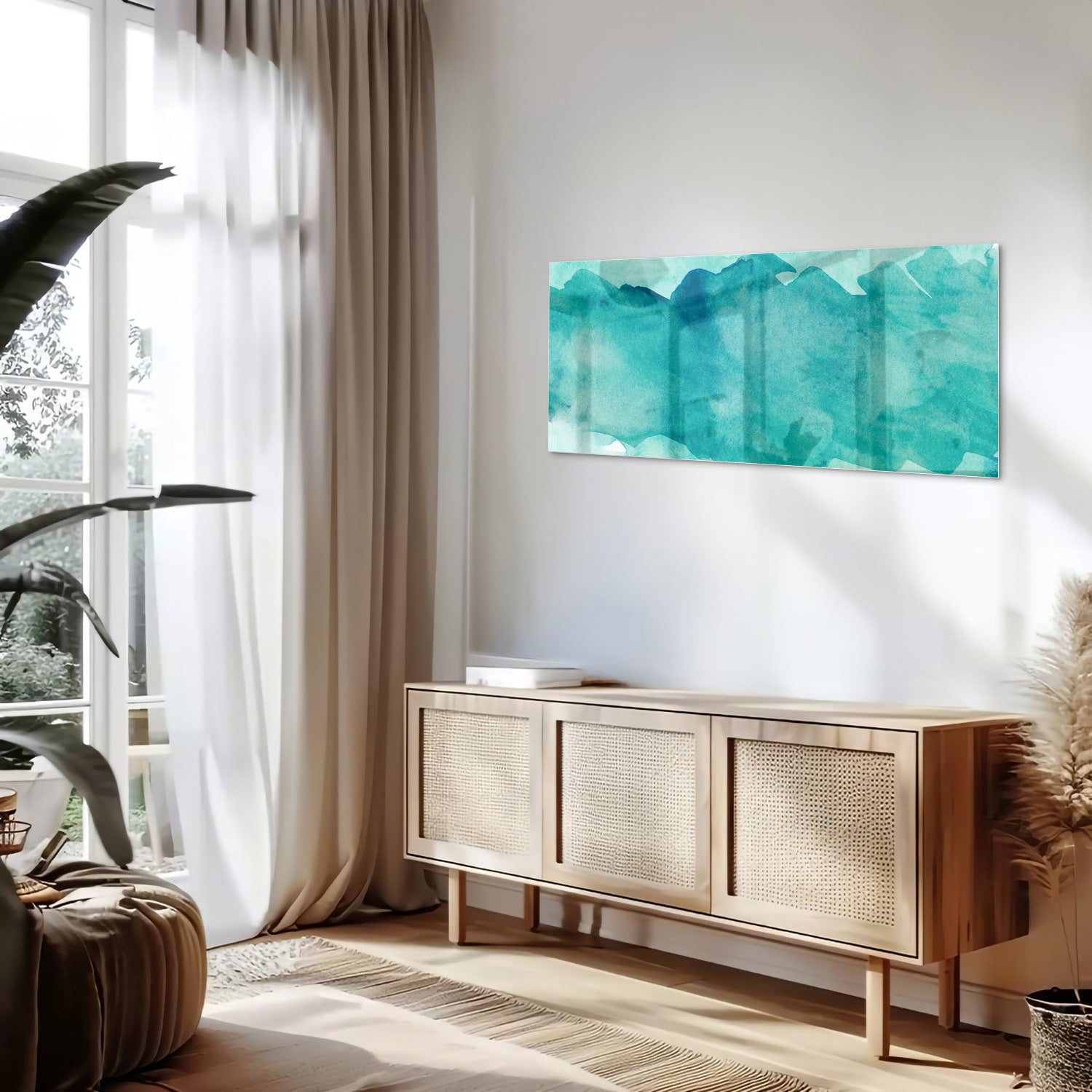 Abstract glazen schilderij met turquoise tinten, perfect voor moderne interieurs.