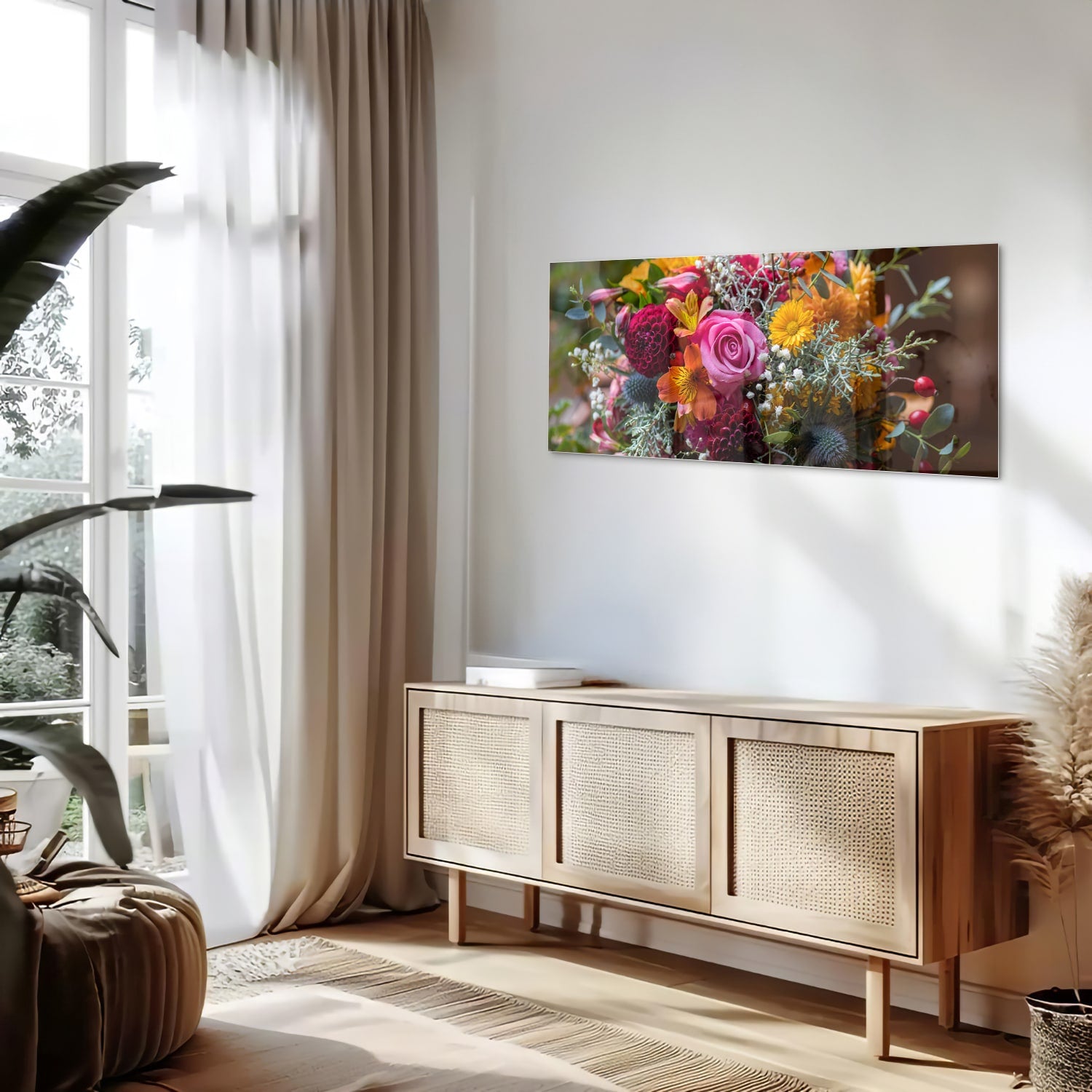 Glazen schilderij met een kleurrijk boeket bloemen aan de muur