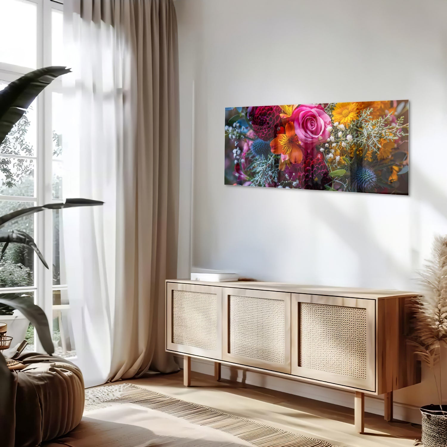Glazen schilderij met een kleurrijke bloemenmix, inclusief rozen en andere bloemen.