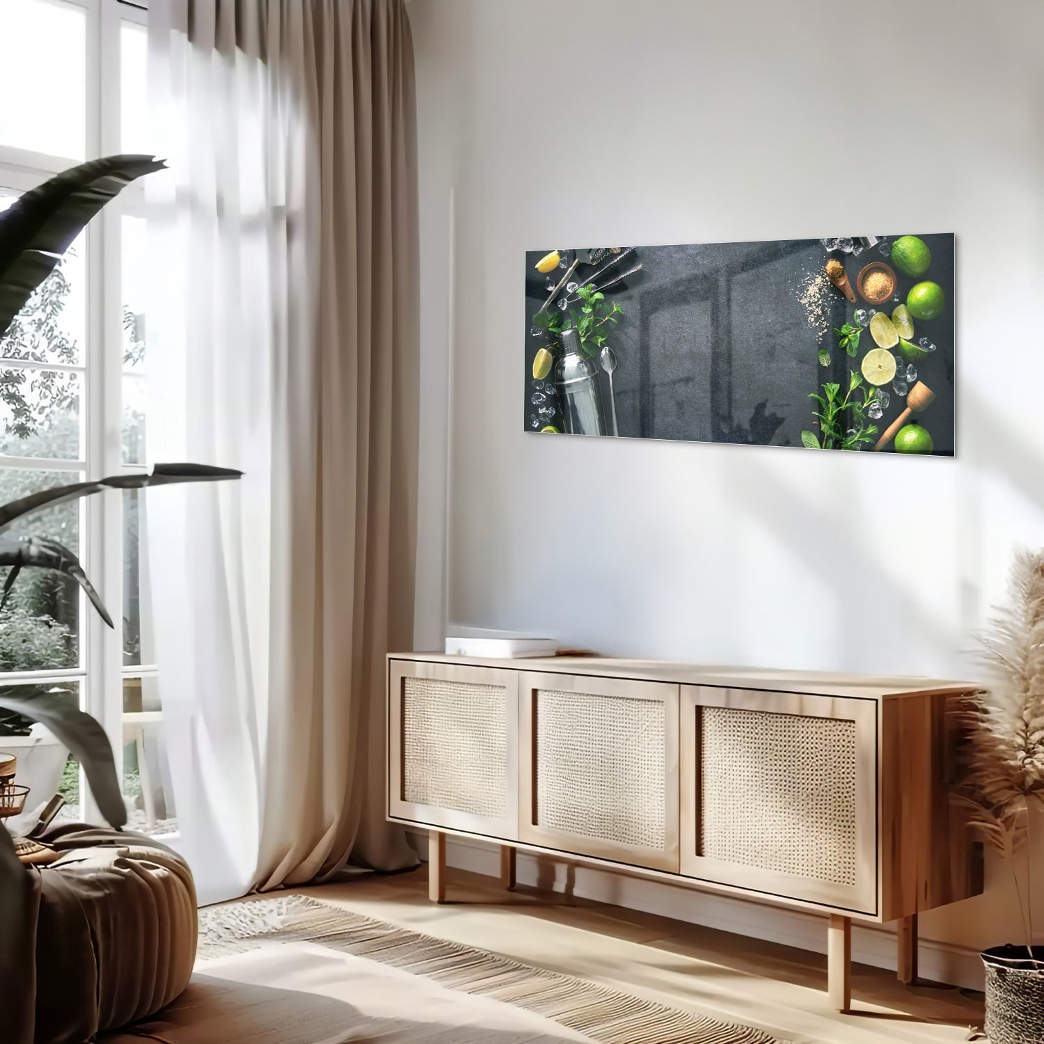 Glazen schilderij met kruiden en citroenen op een moderne muur.
