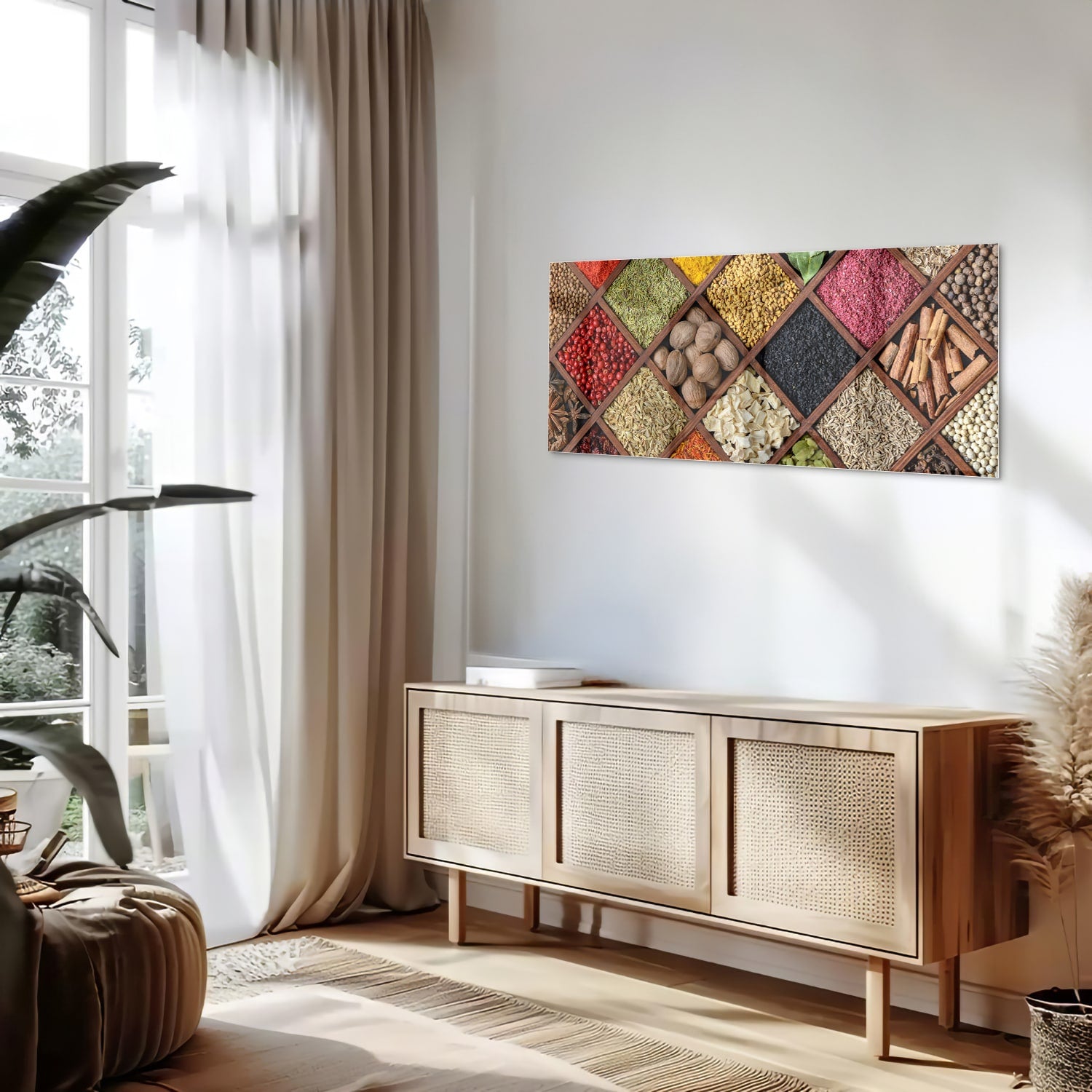 Kleurrijk glazen schilderij met verschillende specerijen in vakken