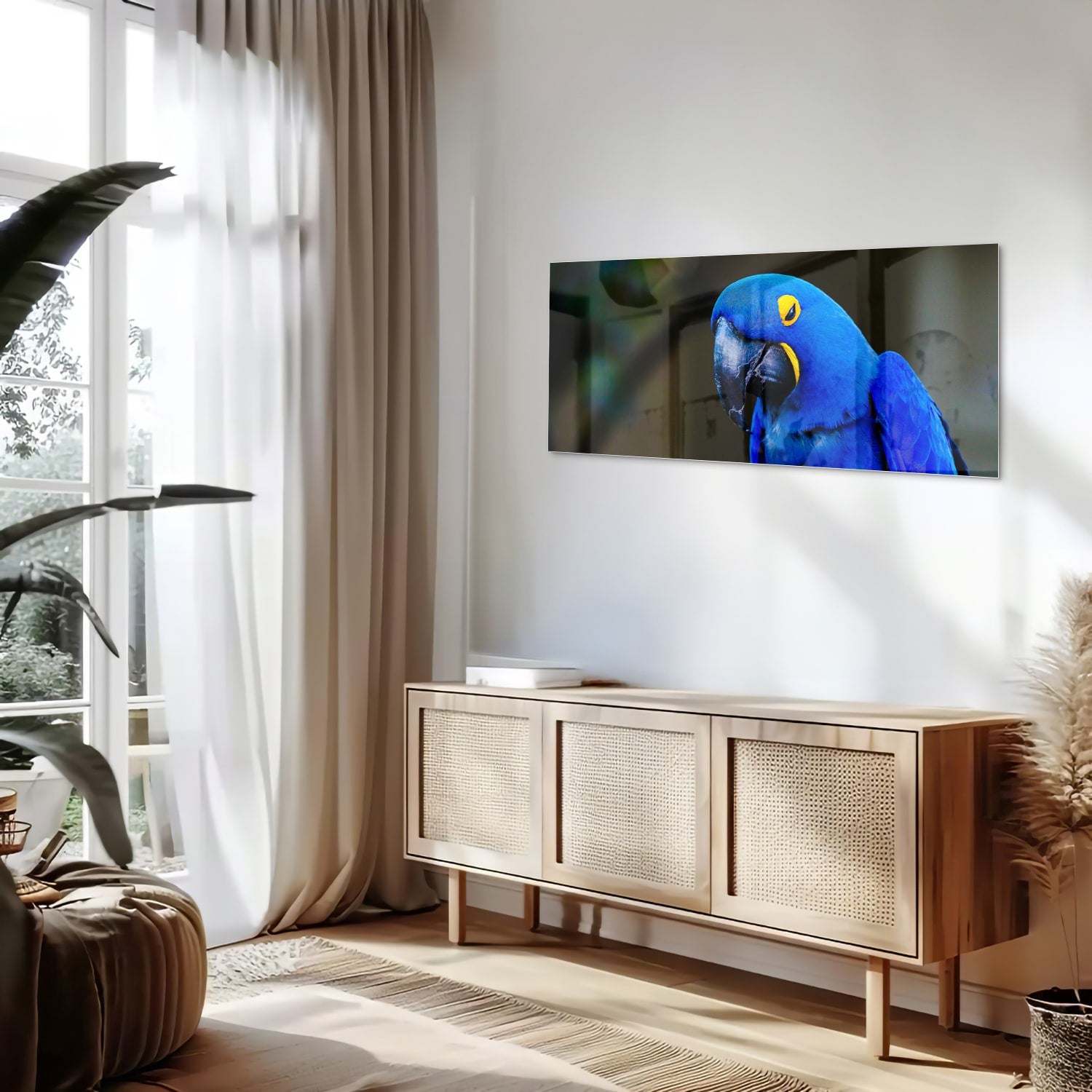 Glazen schilderij van een blauwe ara, ideaal voor wanddecoratie.