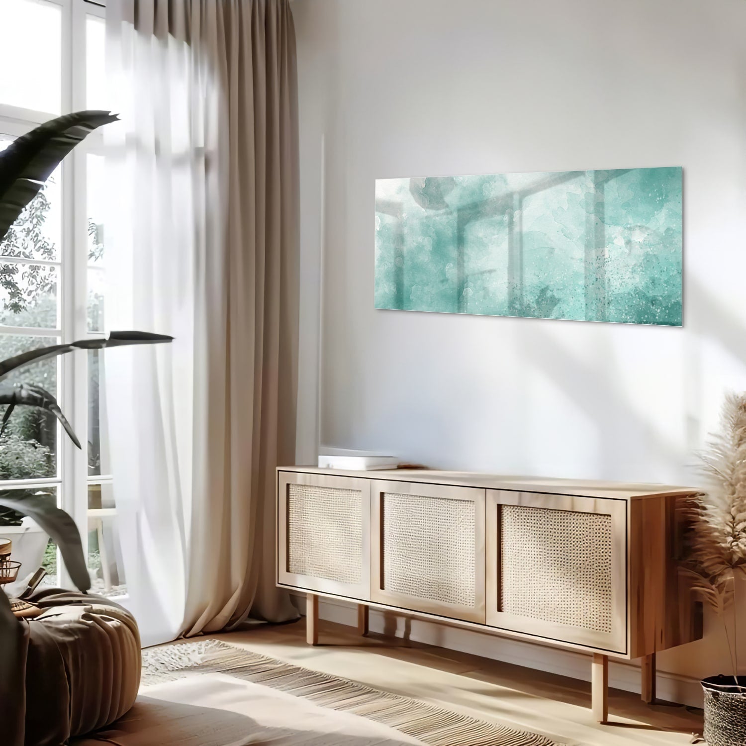 Abstract glazen schilderij in aquablauw kleur, past mooi in een modern interieur.