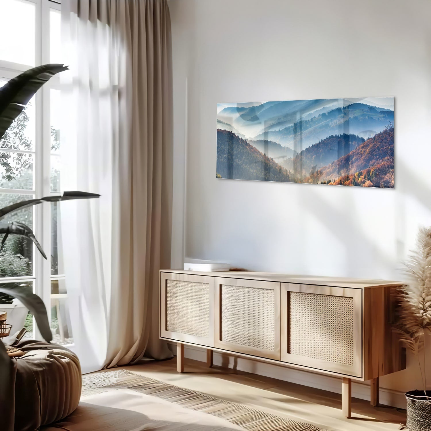 Glazen schilderij met een adembenemend berglandschap in warme herfstkleuren