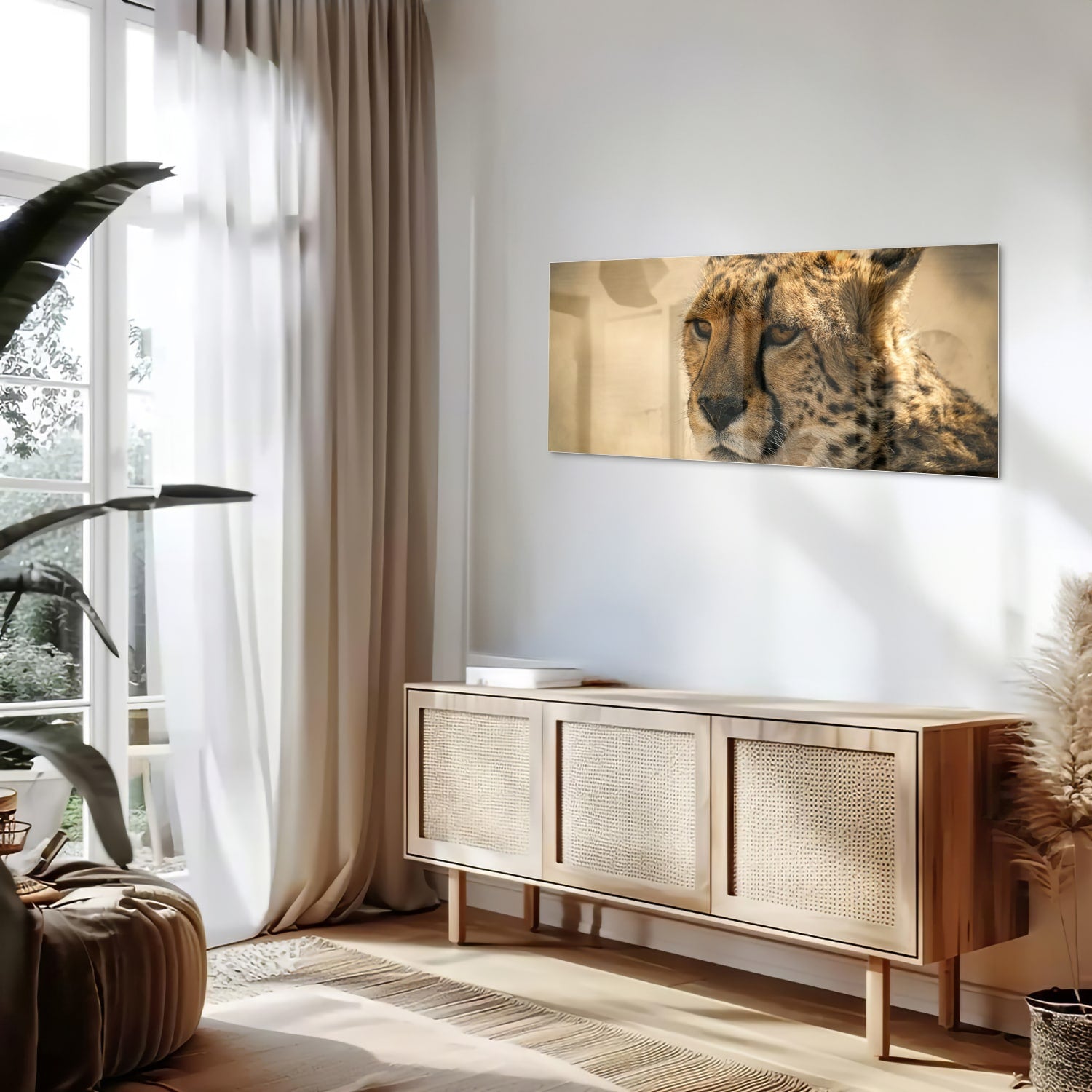 Glazen schilderij van een luipaard hangt aan de muur in een stijlvolle woonkamer.