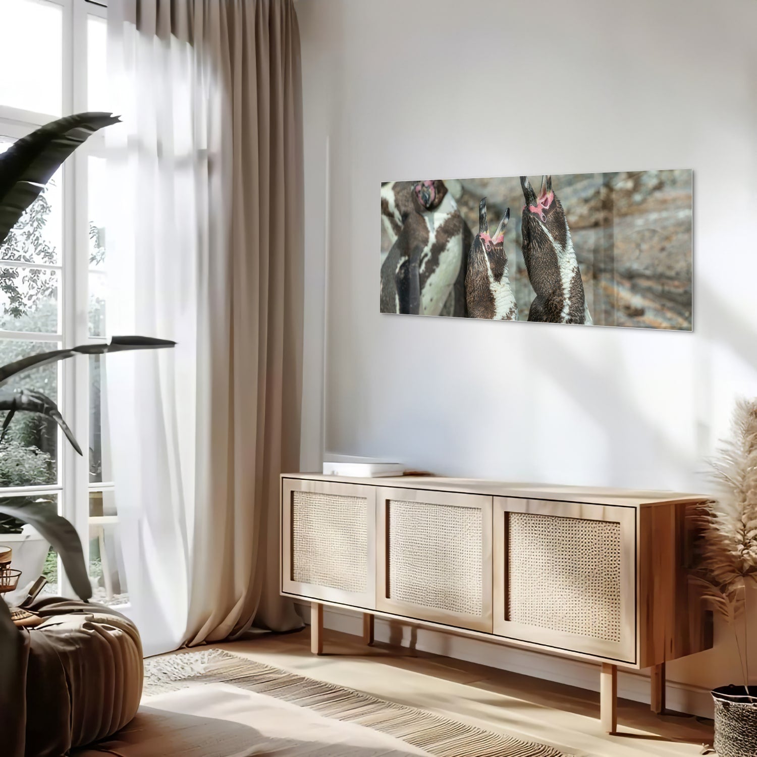 Glas schilderij met vrolijke pinguns op een muur in een modern interieur.