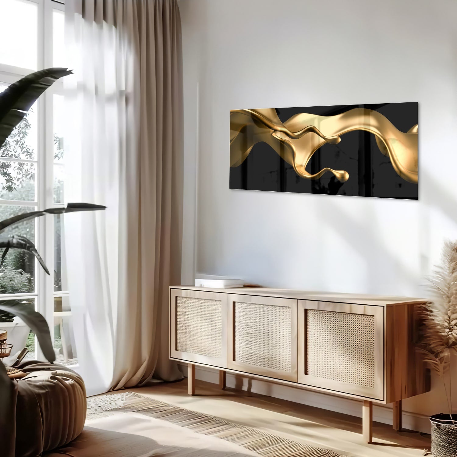 Gouden abstract glas schilderij met zwarte achtergrond, perfect voor moderne interieurs.