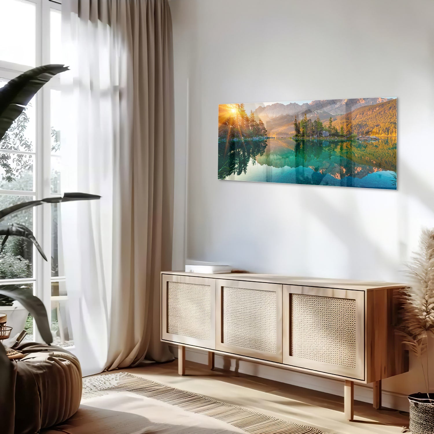 Glazen schilderij van een berglandschap met reflectie in het meer.