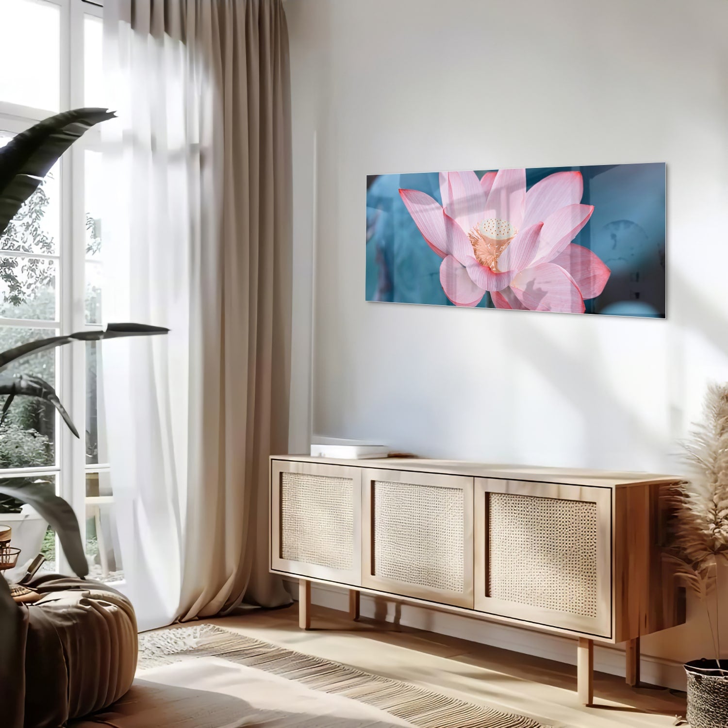 Glazen schilderij van een roze lotus boven een houten meubelstuk in een gezellige woonkamer.