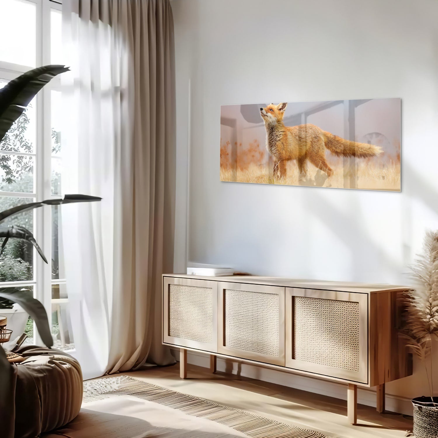 Glazen schilderij van een vos die in de natuur staat, perfect voor moderne interieurs.