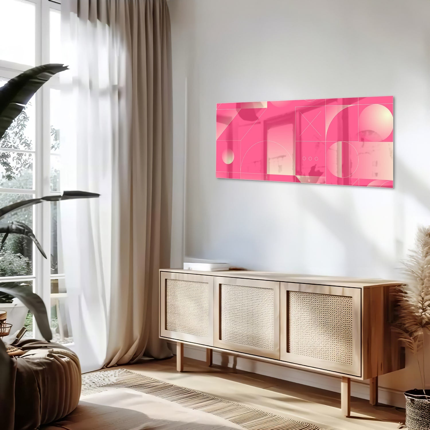 Modern glazen schilderij in frisroze met geometrische vormen.