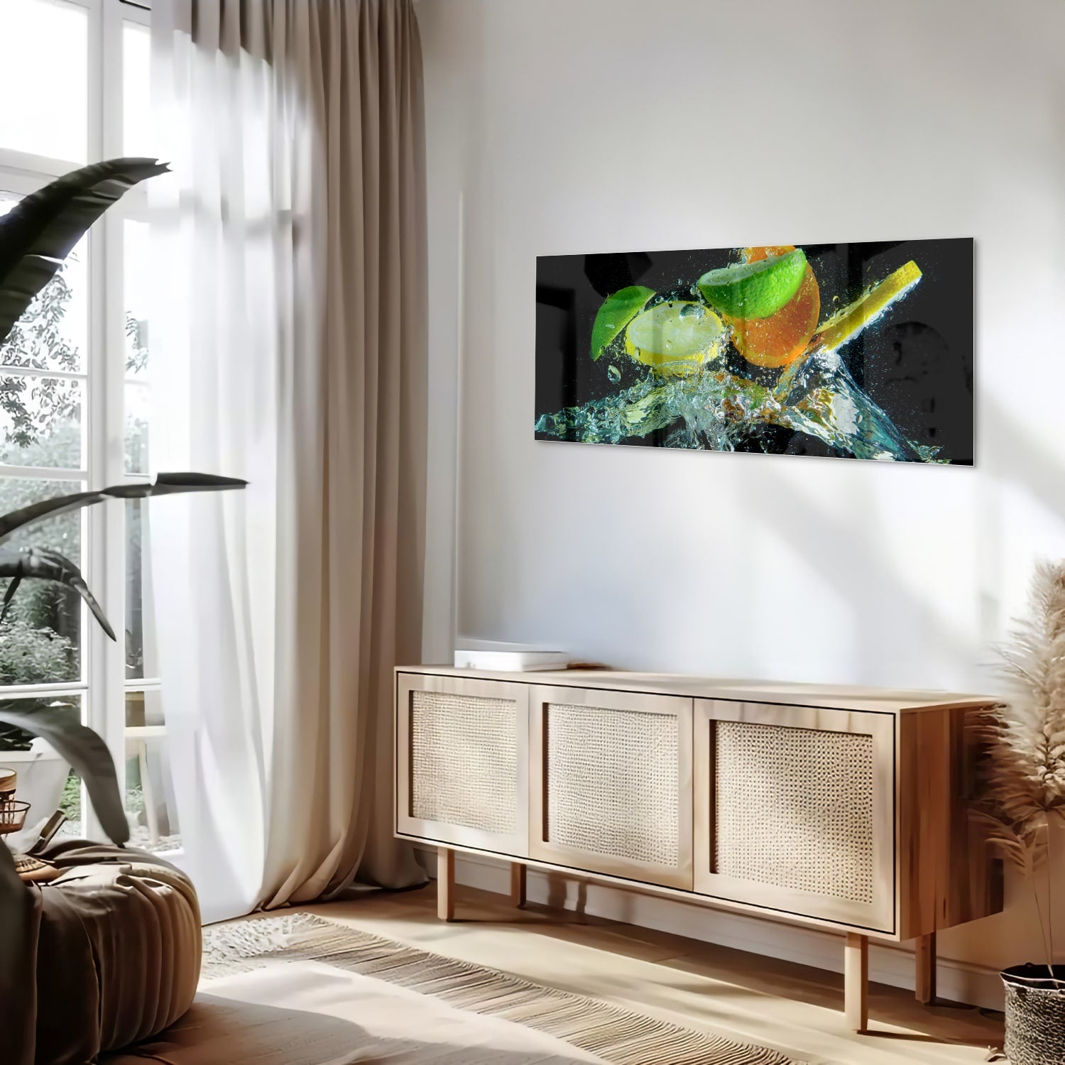 Glas schilderij met kleurrijke citrusvruchten en waterdruppels op een zwarte achtergrond.