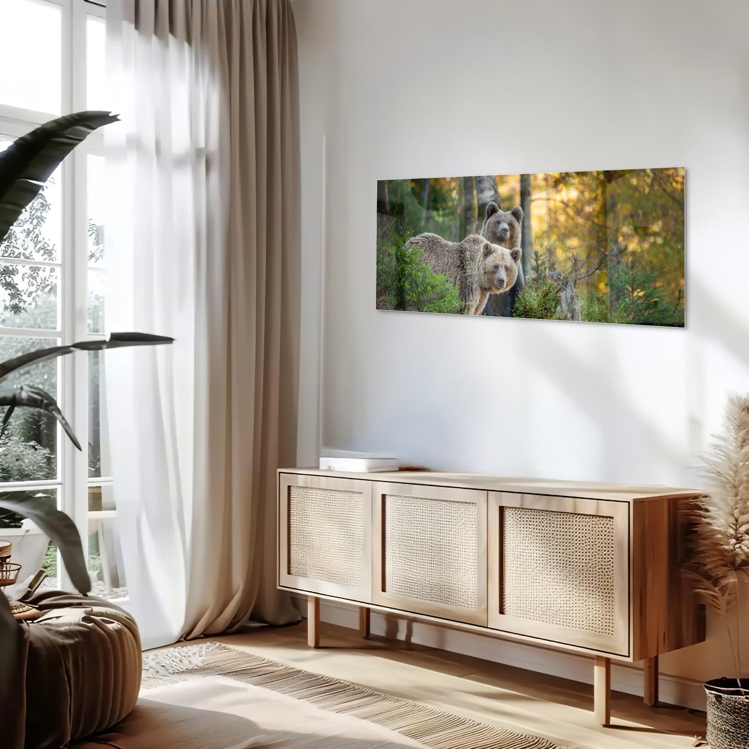 Glazen schilderij met twee schattige beren in een bosrijke omgeving