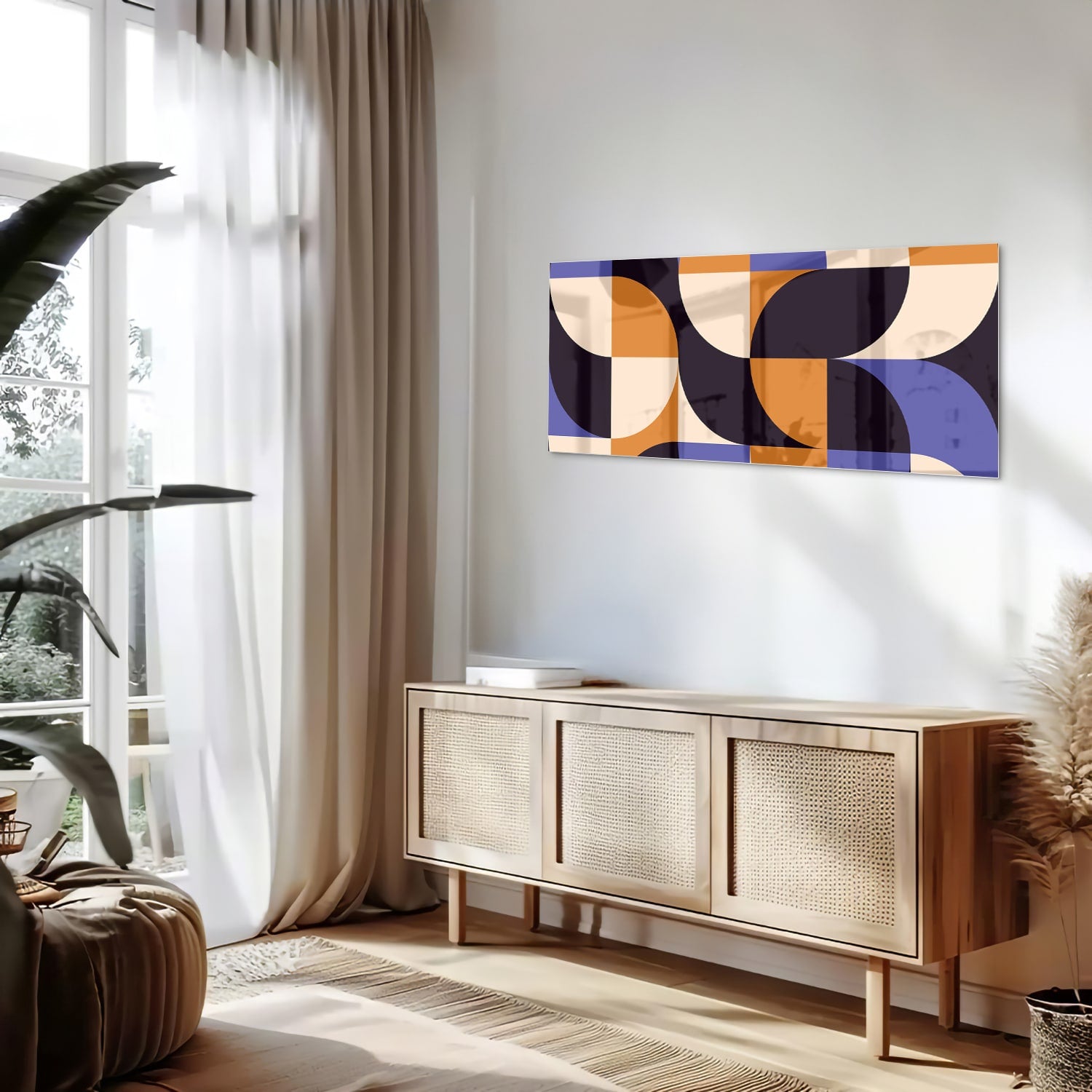Abstract glazen schilderij met blauwe en oranjekleurige vormen, perfect voor moderne interieurs.