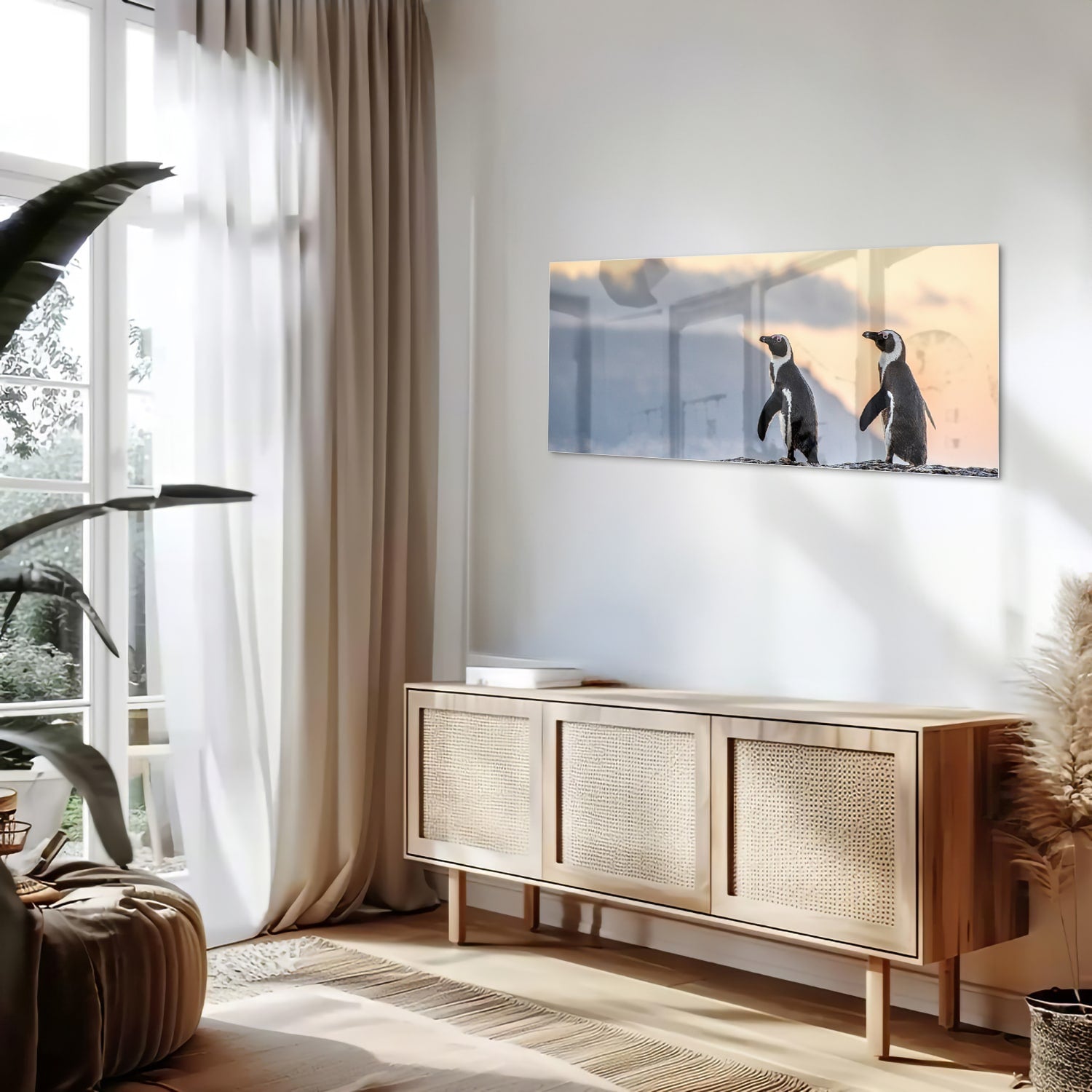 Glazen schilderij van pinguns aan zee met een zonsondergang op de achtergrond