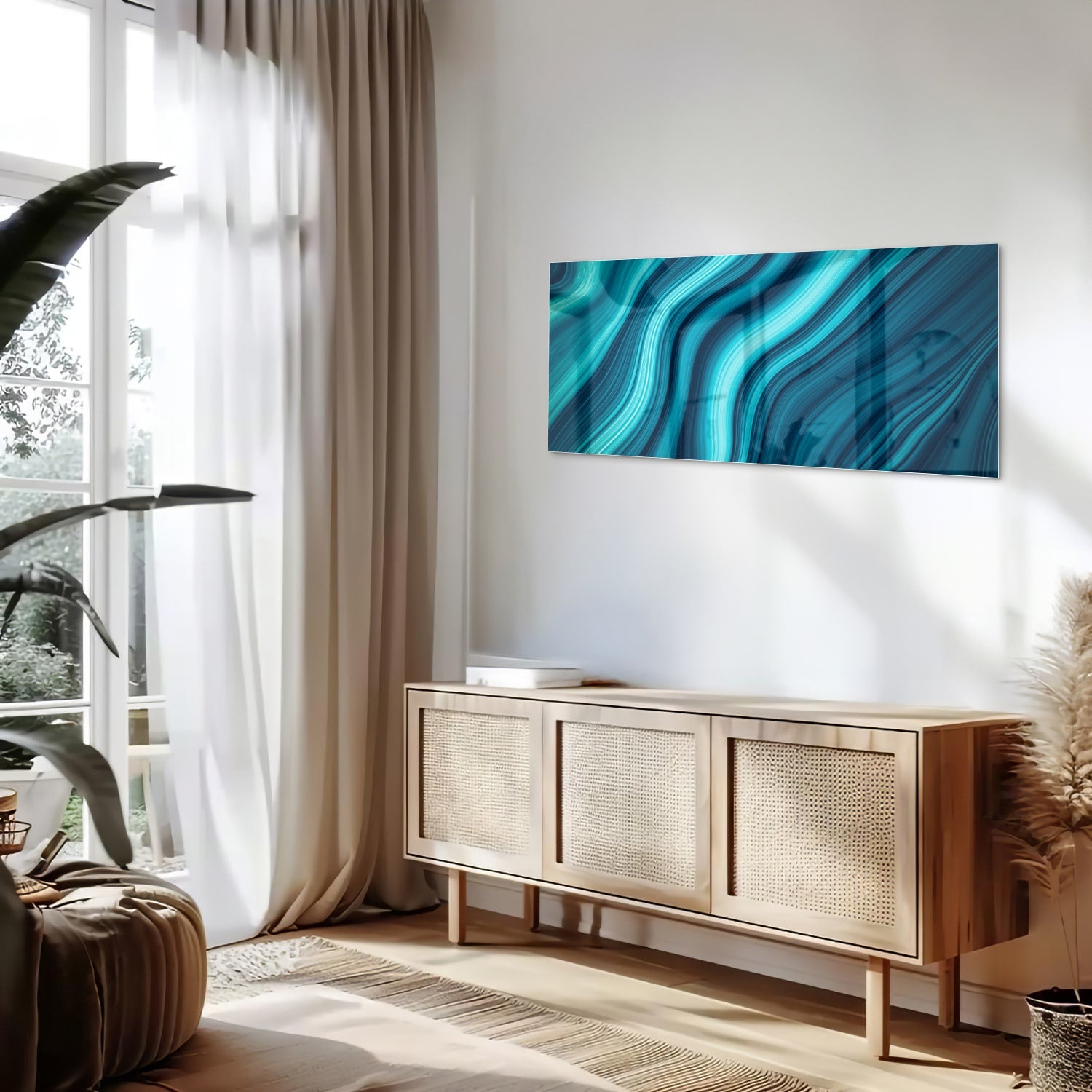 Moderne glazen schilderij met blauwe en groene golven aan de muur