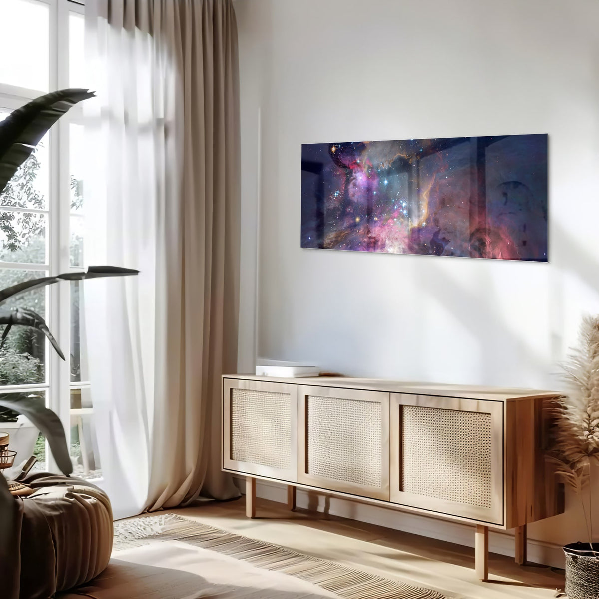 Glazen schilderij met een prachtig universum en sterren op een wand
