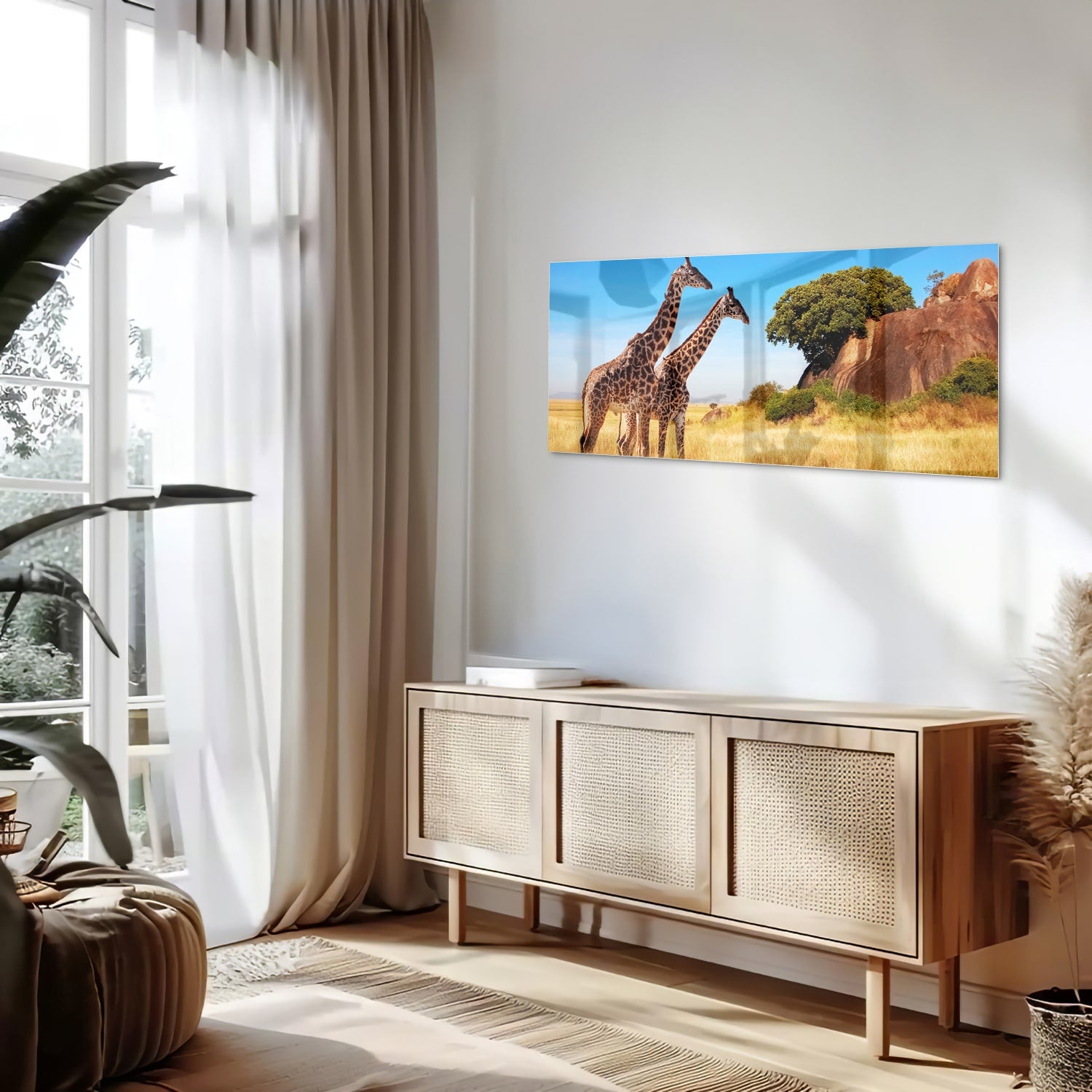 Glazen schilderij van twee giraffen in een Afrikaans landschap