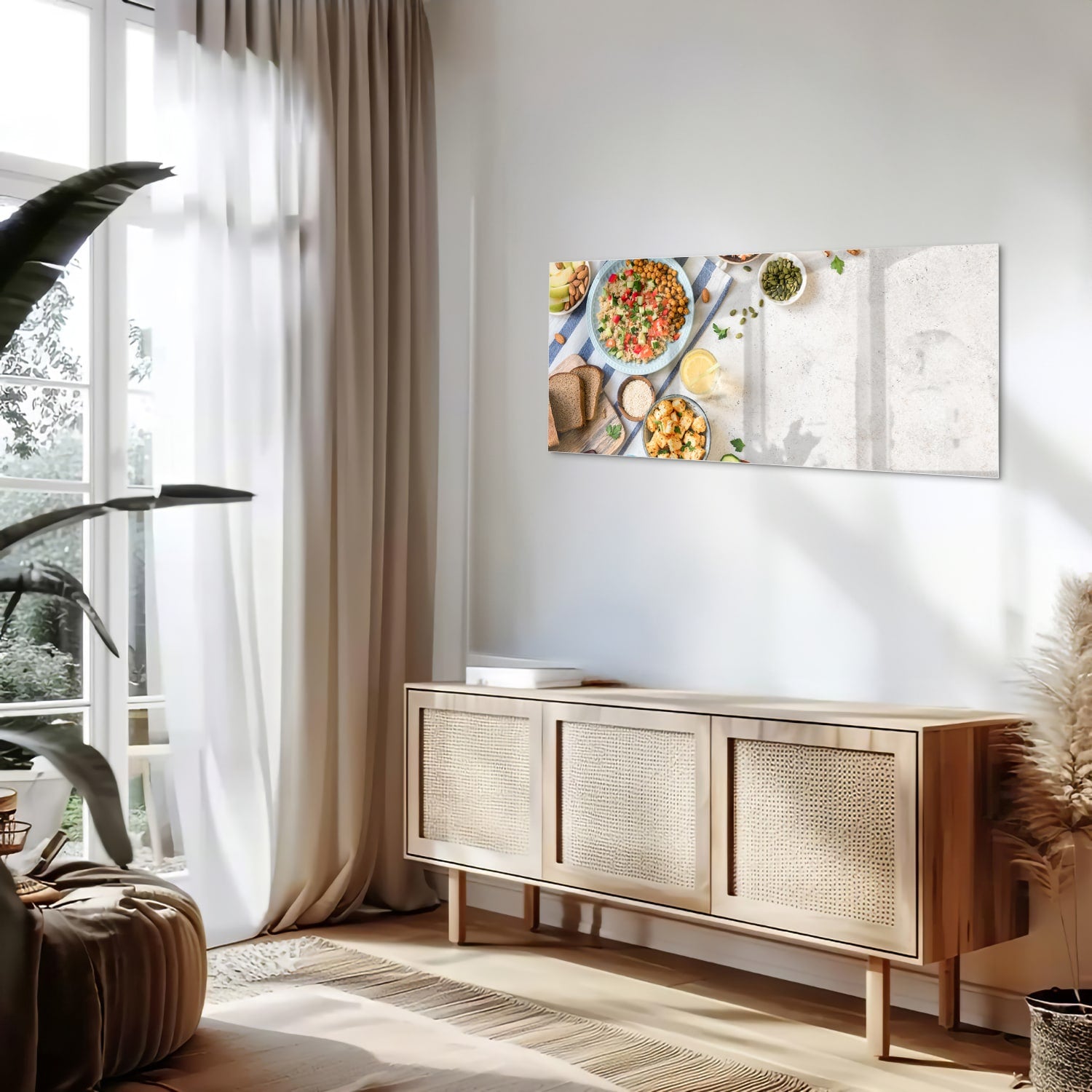 Kleurrijk glazen schilderij met een variteit aan verse gerechten en ingredinten, ideaal voor keukeninspiratie.